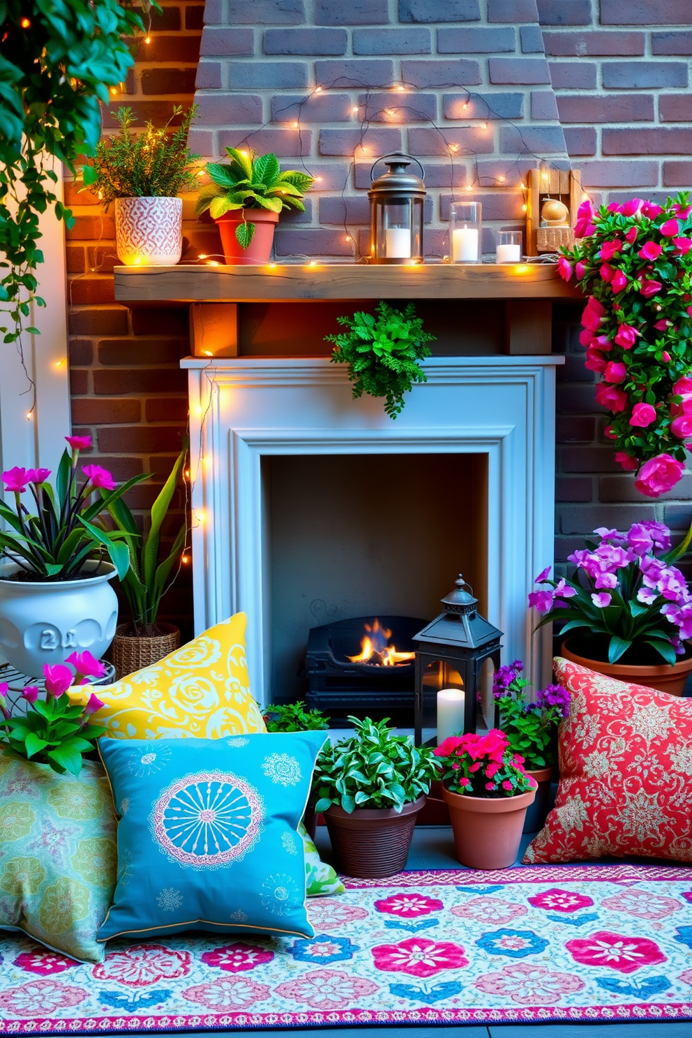 A cozy summer fireplace setting adorned with whimsical fairy lights. The fireplace is surrounded by a collection of vibrant potted plants and colorful throw pillows scattered on a soft area rug. Above the mantel, strings of fairy lights twinkle softly, creating a magical ambiance. A few decorative lanterns with candles are placed on the mantel, adding warmth and charm to the space.