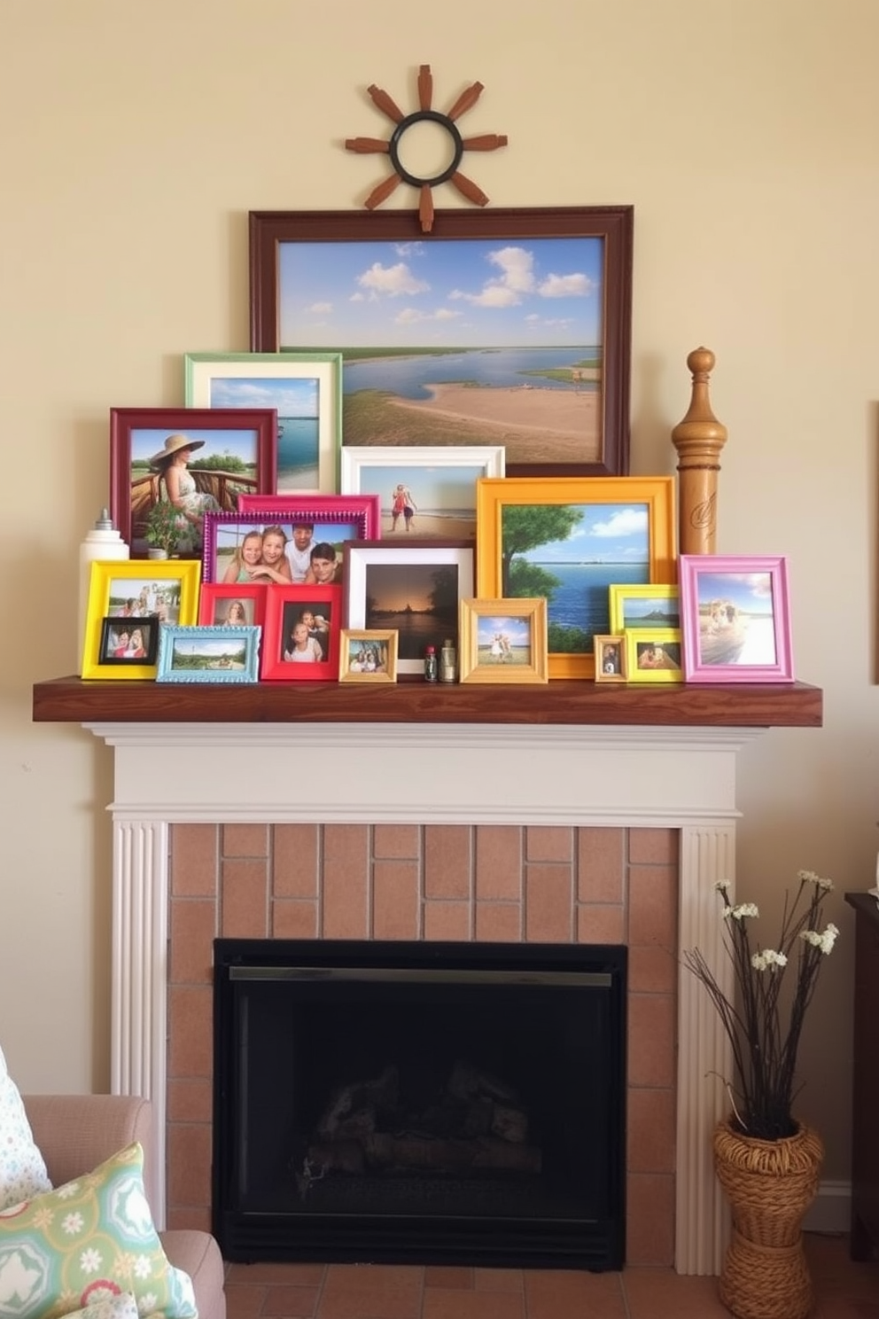 A cozy living room setting featuring a summer-themed fireplace. The fireplace is adorned with bright colored picture frames showcasing family memories and vibrant landscapes. Above the mantel, a collection of decorative summer-themed items adds a cheerful touch. The surrounding walls are painted in a soft beige, complementing the colorful frames and creating a warm, inviting atmosphere.