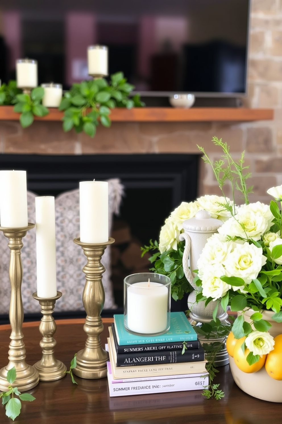 Create a layered look with heights in a cozy summer fireplace setting. Incorporate a mix of decorative elements such as tall candlesticks, stacked books, and a variety of greenery to add dimension and interest.