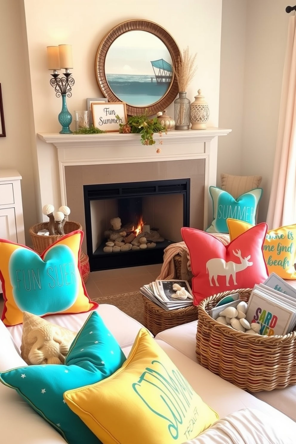 A cozy living room adorned with fun summer-themed decorative pillows in vibrant colors like turquoise, yellow, and coral. The pillows are arranged on a plush white sofa, inviting relaxation and a cheerful atmosphere. In the center of the room, a stylish fireplace is decorated with seasonal accents. Surrounding the fireplace, there are beach-themed decor items such as seashells, driftwood, and a woven basket filled with magazines, creating a warm and inviting summer ambiance.