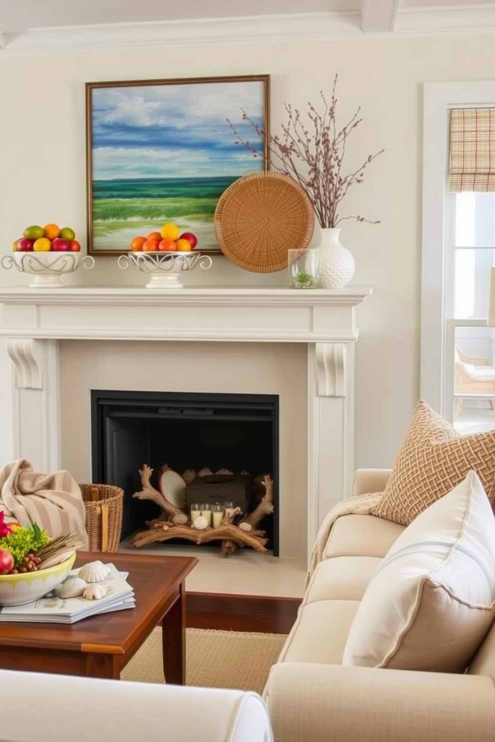 A cozy summer living room featuring a beautifully arranged fireplace. The mantel is adorned with decorative bowls filled with vibrant seasonal fruits, adding a touch of color and freshness to the space. The fireplace itself is elegantly styled with natural elements such as driftwood and seashells. Soft, light-colored throws and cushions are placed on the seating to enhance the inviting summer atmosphere.