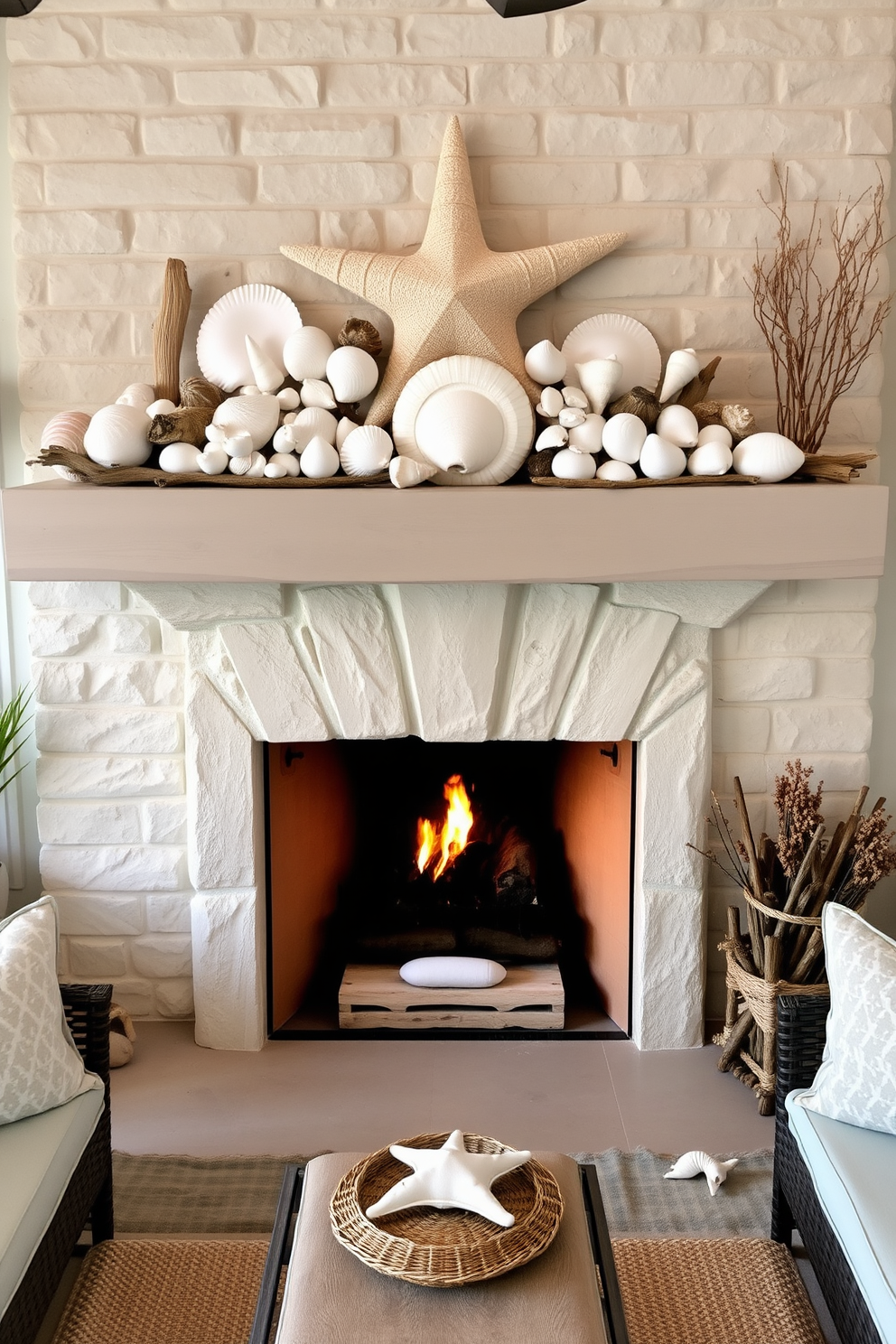 A cozy summer fireplace adorned with natural elements that evoke a beach atmosphere. Seashells of various sizes are artfully arranged on the mantel, complemented by driftwood accents and soft, sandy-colored decor. The fireplace itself is framed with light-colored stone, creating a warm and inviting focal point. Surrounding the area, comfortable seating with ocean-inspired cushions invites relaxation and enjoyment of the summer ambiance.