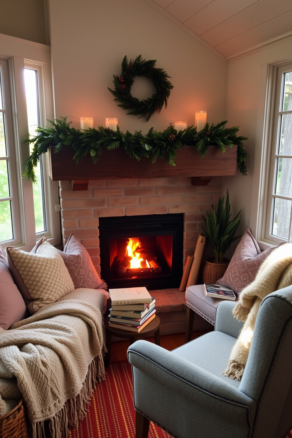 A cozy reading nook is nestled beside a summer fireplace adorned with soft cushions and a plush throw blanket. The area is illuminated by warm, natural light streaming through large windows, creating an inviting atmosphere. The fireplace is surrounded by a rustic wooden mantel decorated with seasonal greenery and candles. A comfortable armchair, paired with a small side table, invites relaxation with a stack of books and a steaming cup of tea.