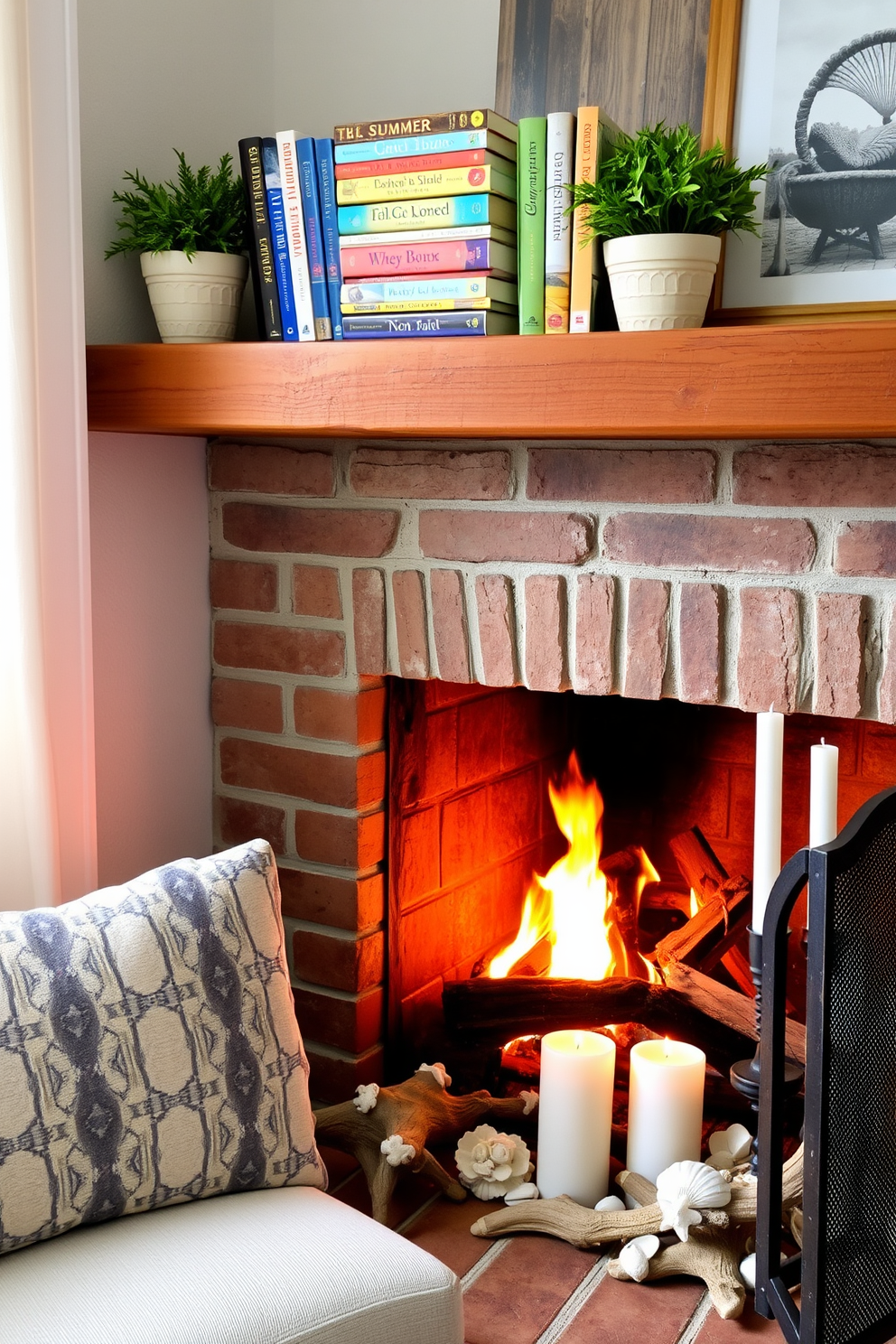 A cozy reading nook featuring a collection of summer books stacked on a rustic wooden shelf. The shelf is adorned with vibrant book covers and complemented by a small potted plant for a touch of greenery. A warm and inviting summer fireplace decorated with natural elements. Surround the fireplace with seashells, driftwood, and a few candles to create a relaxing coastal atmosphere.