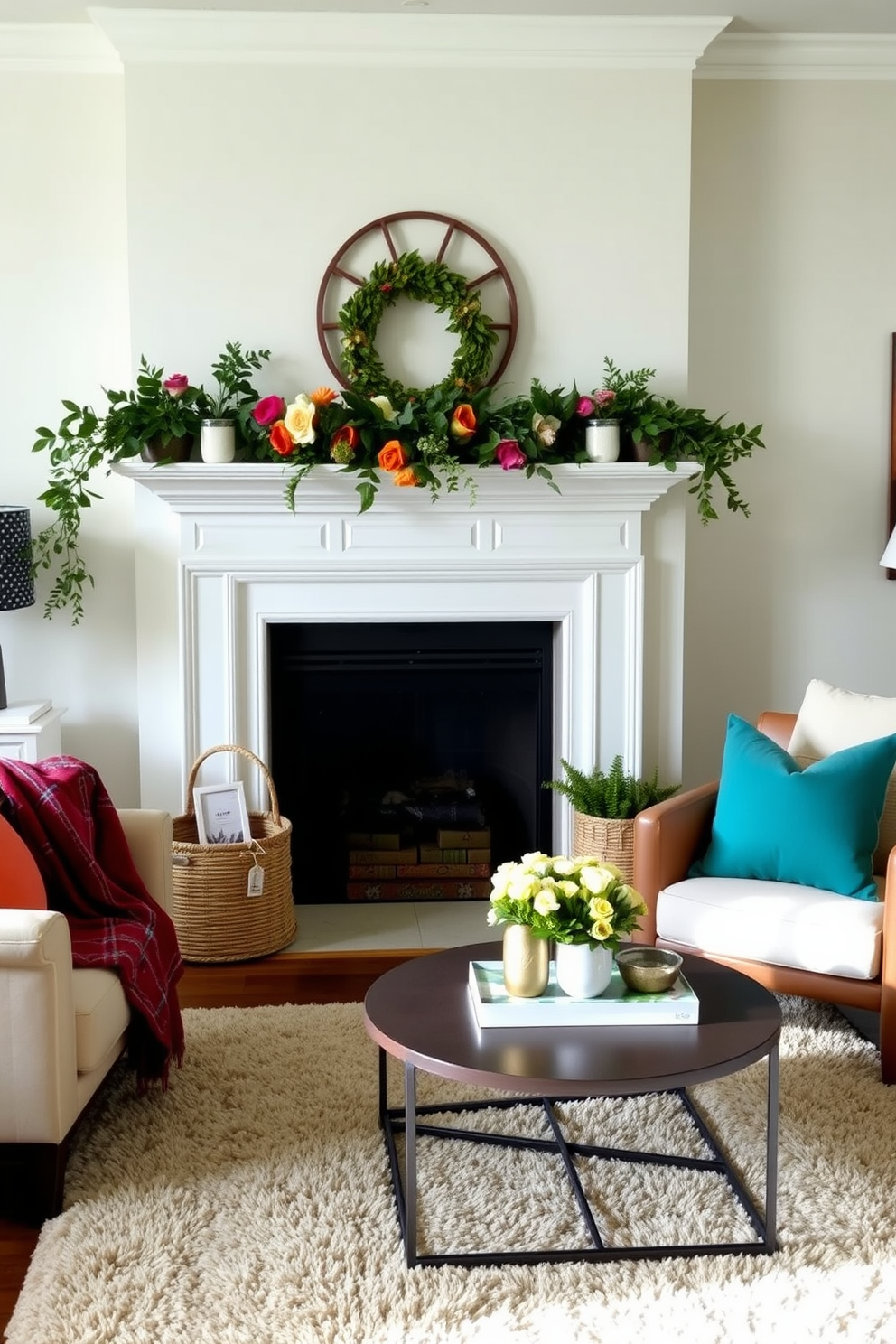 A cozy living room setting featuring a stylish summer fireplace adorned with seasonal decorations. The mantle is decorated with fresh greenery and vibrant flowers, while a woven basket sits beside the fireplace, adding texture and warmth. A plush area rug anchors the seating arrangement, which includes a pair of comfortable armchairs and a sleek coffee table. Soft throw blankets and decorative pillows in bright colors enhance the inviting atmosphere of the space.