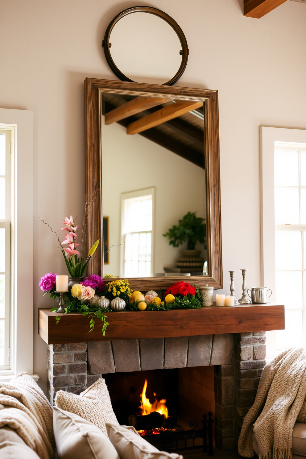 A large mirror is mounted above a rustic wooden mantel, reflecting the warm glow of a summer fireplace. The mantel is adorned with vibrant seasonal decorations, including fresh flowers and colorful candles. The fireplace itself is surrounded by a cozy seating area, featuring plush cushions and light throw blankets. Soft, natural light filters in through nearby windows, enhancing the inviting atmosphere of the space.