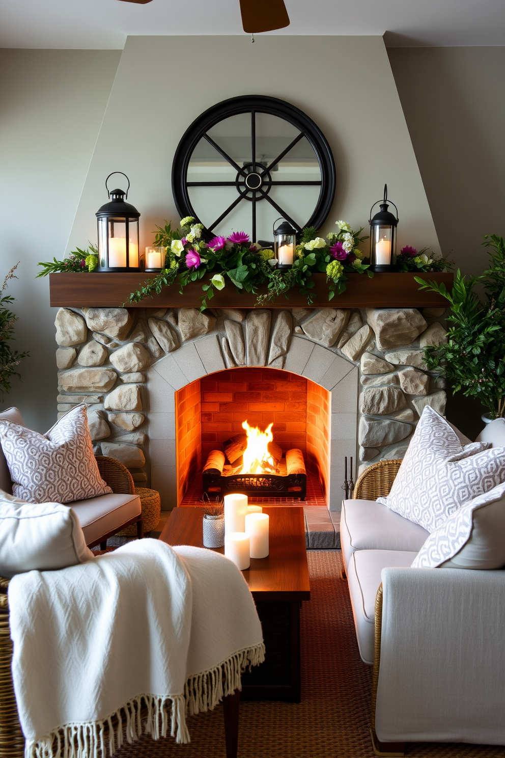 A cozy living room setting featuring a summer fireplace adorned with decorative lanterns that provide warm ambient lighting. The fireplace is surrounded by natural stone, and the mantel is decorated with seasonal flowers and greenery to enhance the summer vibe. Plush seating arrangements are positioned around the fireplace, inviting relaxation and conversation. Soft throw blankets and cushions in light, airy fabrics complement the overall summer aesthetic.