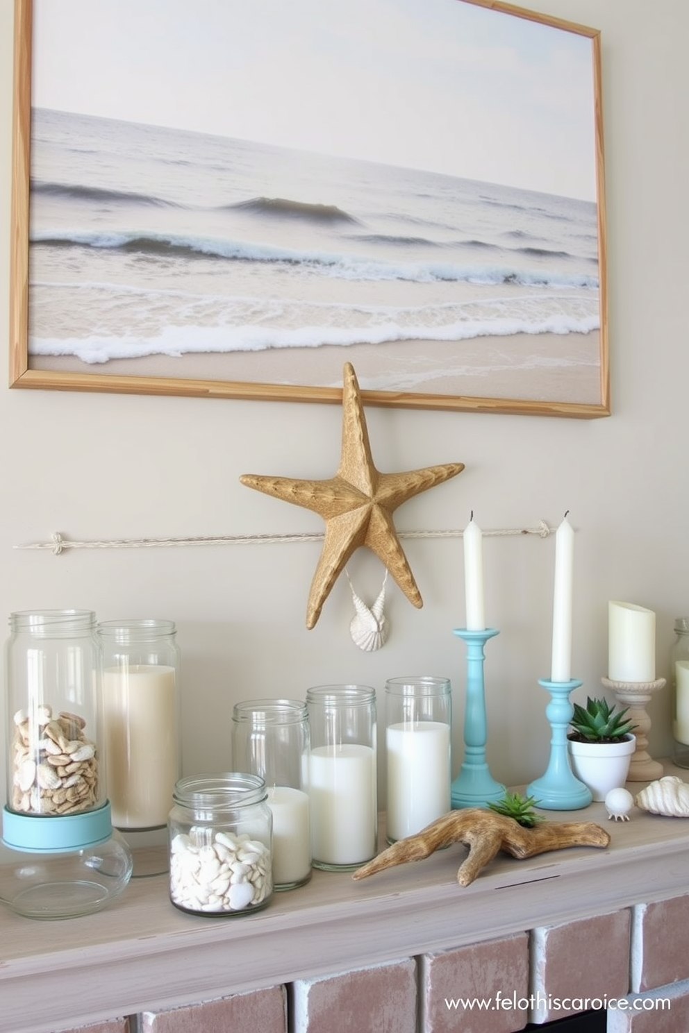 Create a beach-themed mantel display featuring a weathered wooden mantel adorned with seashells and starfish. Above the mantel, hang a large piece of art depicting a serene ocean scene, complemented by soft blue and sandy beige accents. On the mantel, place a collection of glass jars filled with sand and small shells, alongside a few candles in varying heights for a cozy glow. Incorporate a driftwood sculpture and a small potted succulent to bring a touch of nature indoors.