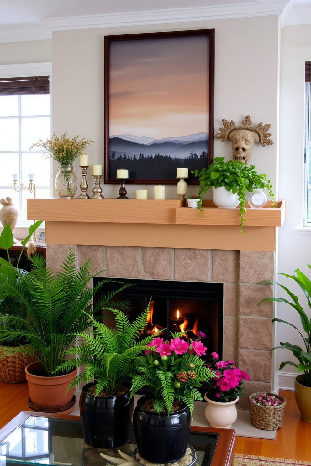 A cozy living room featuring a summer fireplace with a sleek stone surround. On the mantel, a collection of decorative items and candles create an inviting atmosphere, while potted plants are strategically placed around the room to bring in a touch of greenery. The fireplace is adorned with a light-colored wood mantle that complements the warm tones of the room. Lush ferns and vibrant flowers in stylish pots add life and color, enhancing the overall aesthetic of the space.