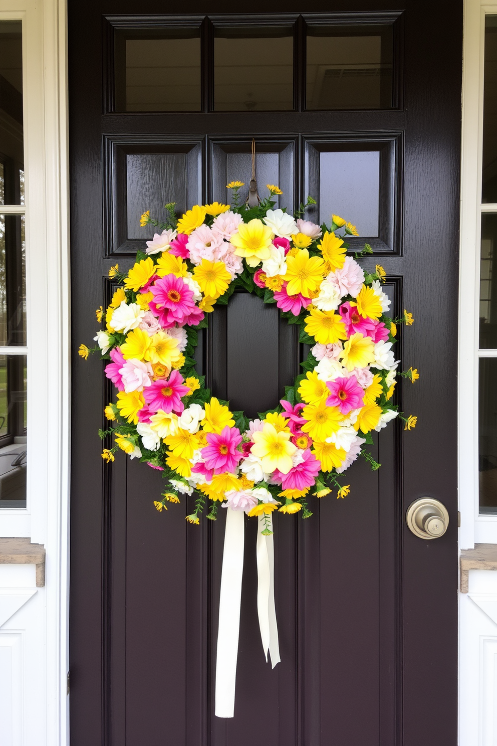 A charming front door adorned with a fresh flower wreath. The wreath features vibrant blooms in shades of pink, yellow, and white, creating a welcoming summer vibe.