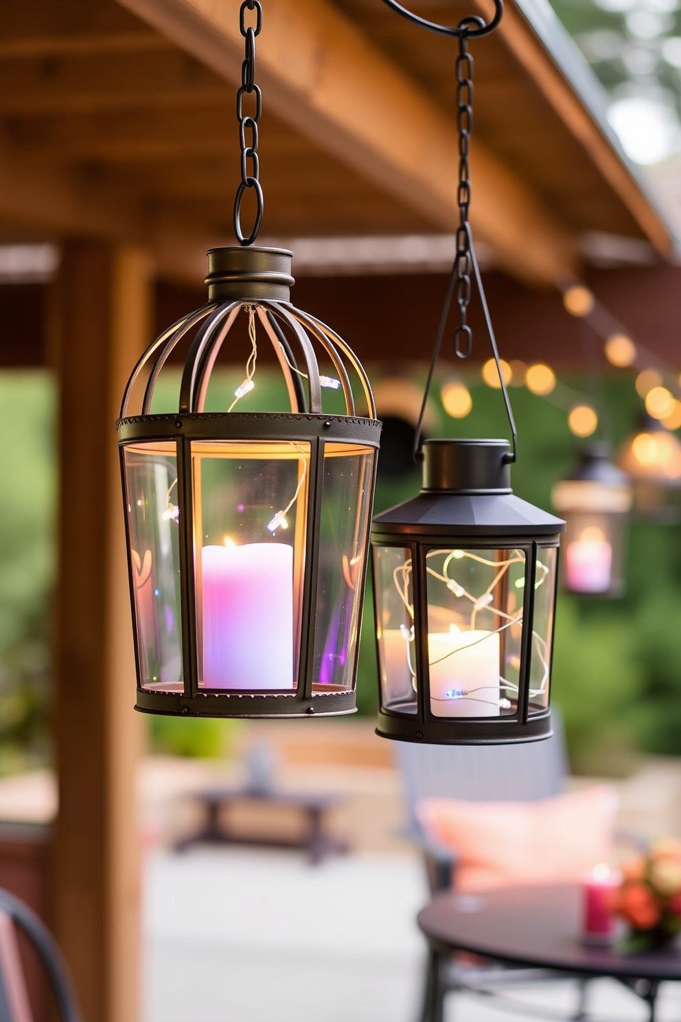 Hanging lanterns create a warm and inviting atmosphere on summer evenings. They can be suspended from hooks or placed on tables to enhance the outdoor space. Consider using a mix of lantern styles, such as metal and glass, to add visual interest. Incorporate colorful candles or fairy lights within the lanterns for a magical glow at night.