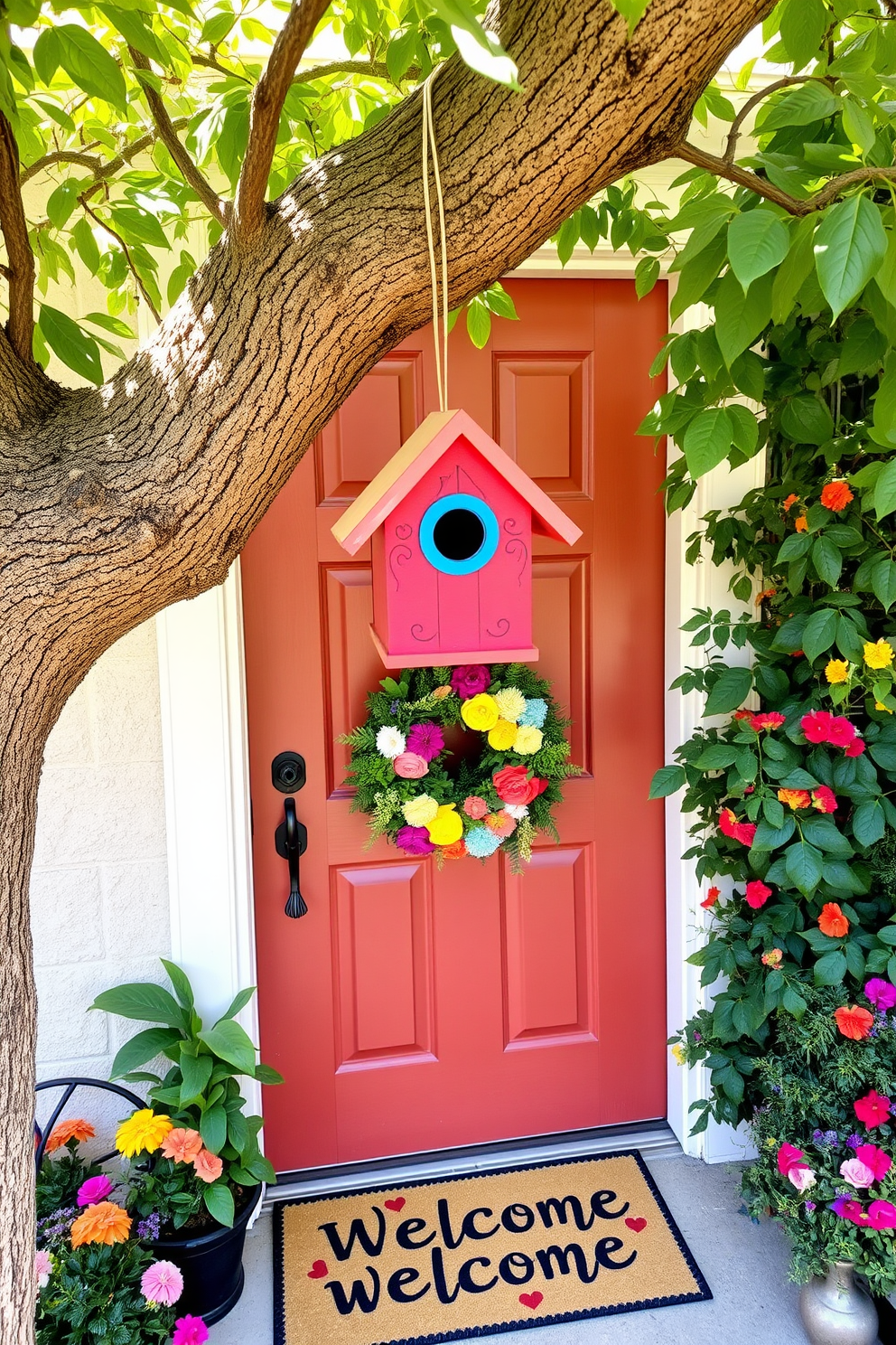 A charming birdhouse painted in vibrant colors hangs from a sturdy tree branch, drawing the eye with its whimsical design. Surrounding the birdhouse, lush greenery and colorful flowers create a warm and inviting atmosphere at the entrance. The front door is adorned with a seasonal wreath made of fresh flowers and greenery, enhancing the cheerful vibe of the space. A welcome mat with a playful design lies at the foot of the door, inviting guests to step inside.