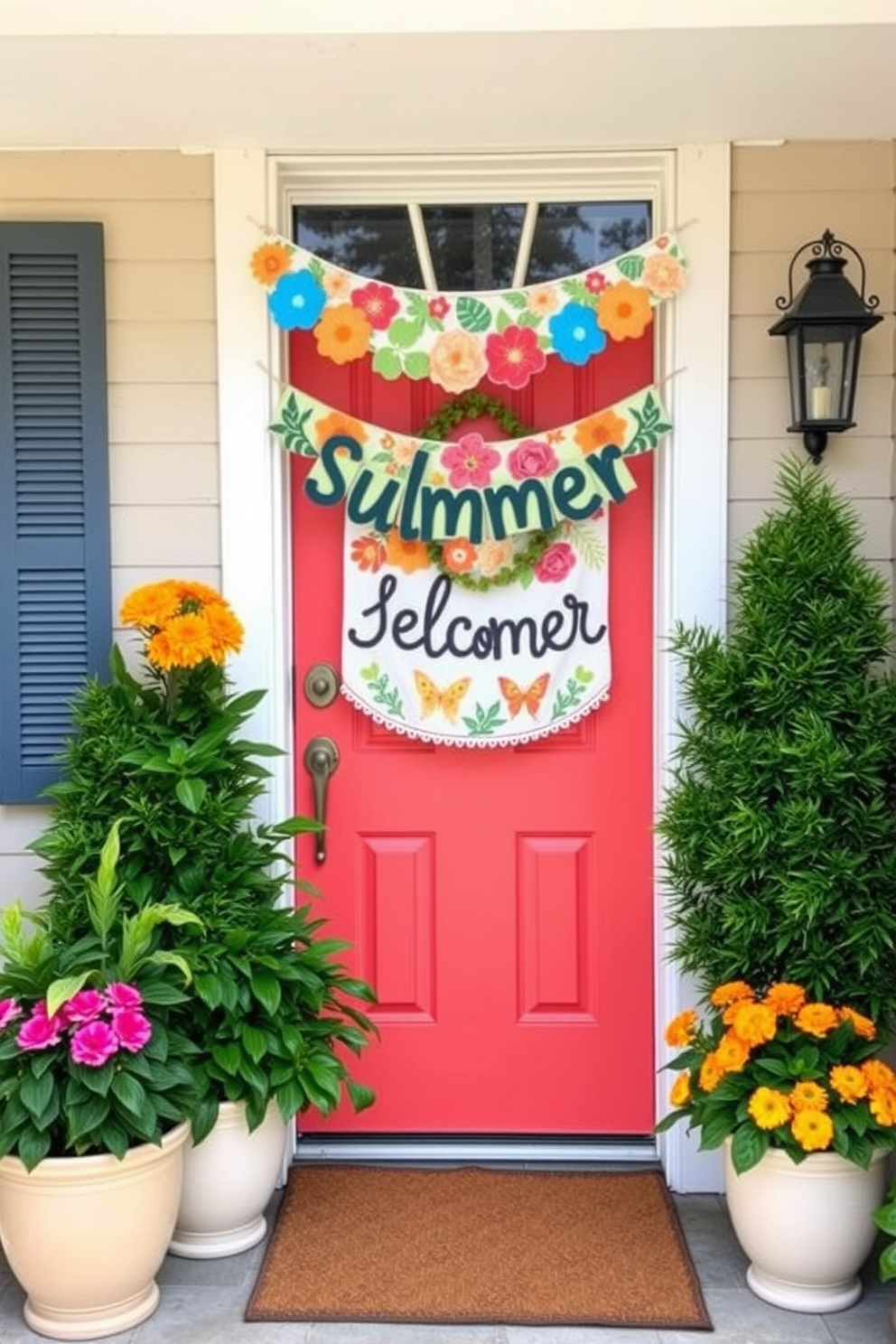 A vibrant summer-themed front door adorned with a colorful seasonal banner welcoming guests. The door is painted in a cheerful coral hue, surrounded by lush green plants and bright floral arrangements in pots.