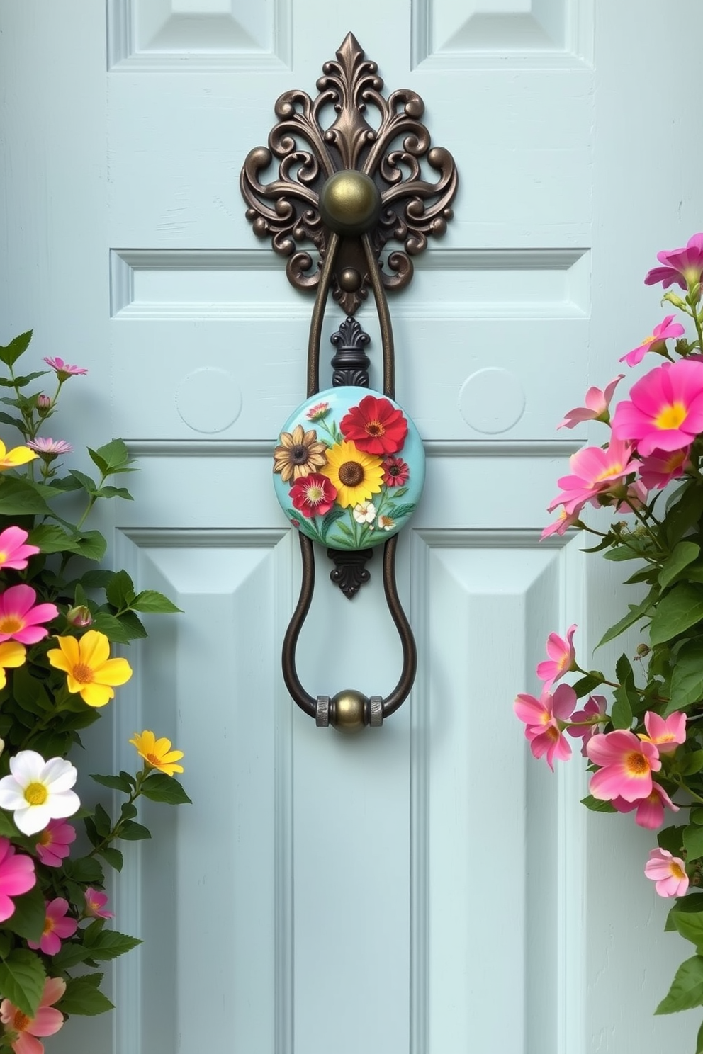 A charming front door adorned with a decorative door knocker featuring a vibrant summer design. The door is painted in a cheerful pastel color, surrounded by lush greenery and colorful blooming flowers.