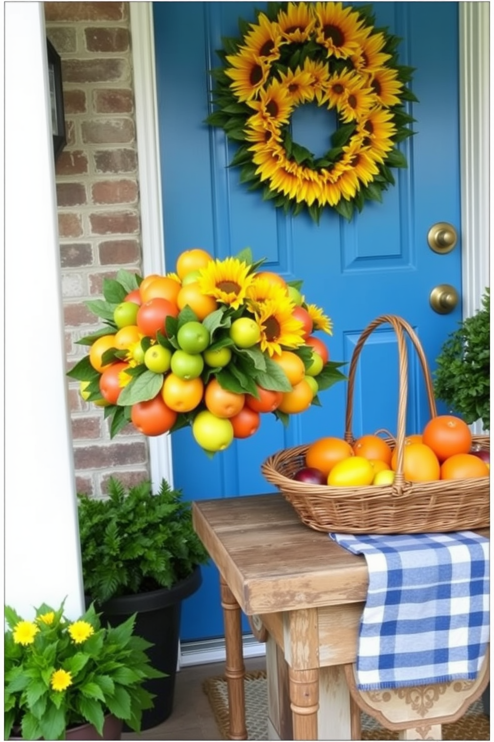 A vibrant faux fruit arrangement is displayed in a large wicker basket, featuring an assortment of colorful fruits like lemons, limes, and oranges. The arrangement is placed on a rustic wooden table, adding a cheerful touch to the entryway. For summer front door decorating ideas, a bright blue door is adorned with a large sunflower wreath, bringing a sunny vibe to the entrance. Potted plants with lush greenery flank the door, creating an inviting and fresh atmosphere.