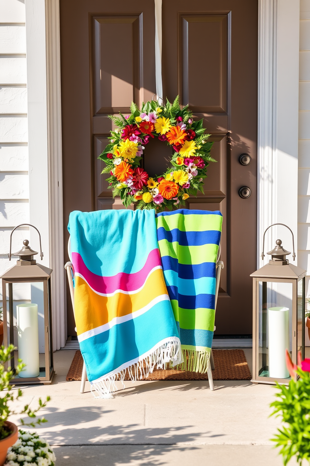 A pair of vibrant beach towels are casually draped over a stylish outdoor chair, showcasing bright colors and playful patterns. The chair is positioned on a sunlit patio, surrounded by potted plants and the gentle sound of ocean waves in the background. The front door is adorned with a cheerful summer wreath made of colorful flowers and greenery, welcoming guests with a fresh and inviting vibe. Flanking the door, two matching lanterns cast a warm glow in the evening, enhancing the charming entrance.