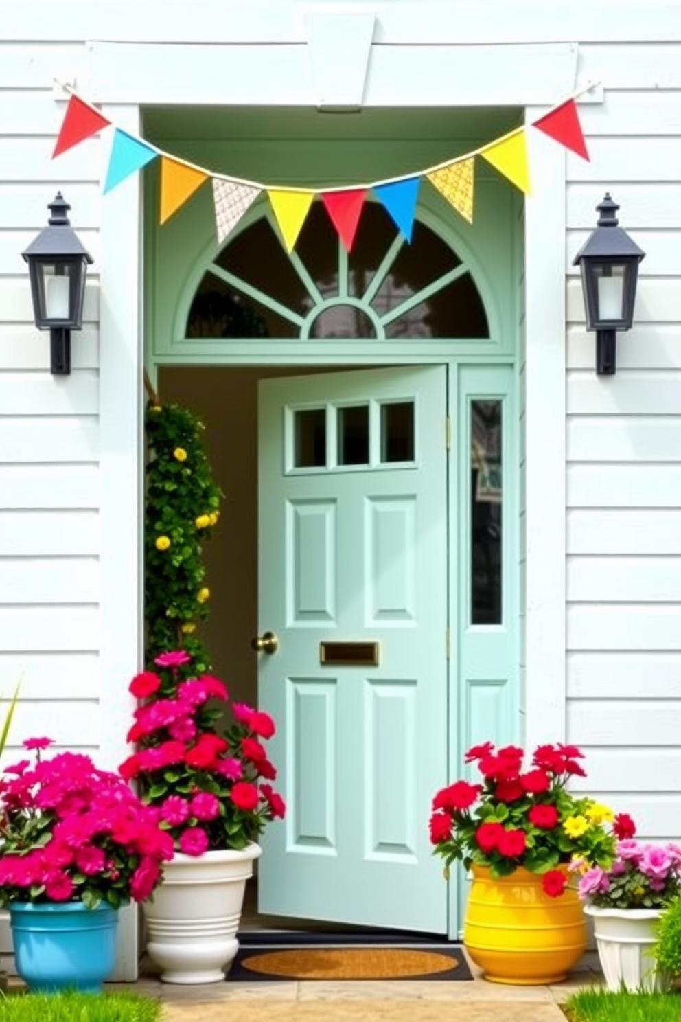 A charming summer front door adorned with colorful bunting strung gracefully above the entrance. The door itself is painted a cheerful pastel hue, complemented by potted plants on either side, featuring vibrant blooms that enhance the welcoming atmosphere.