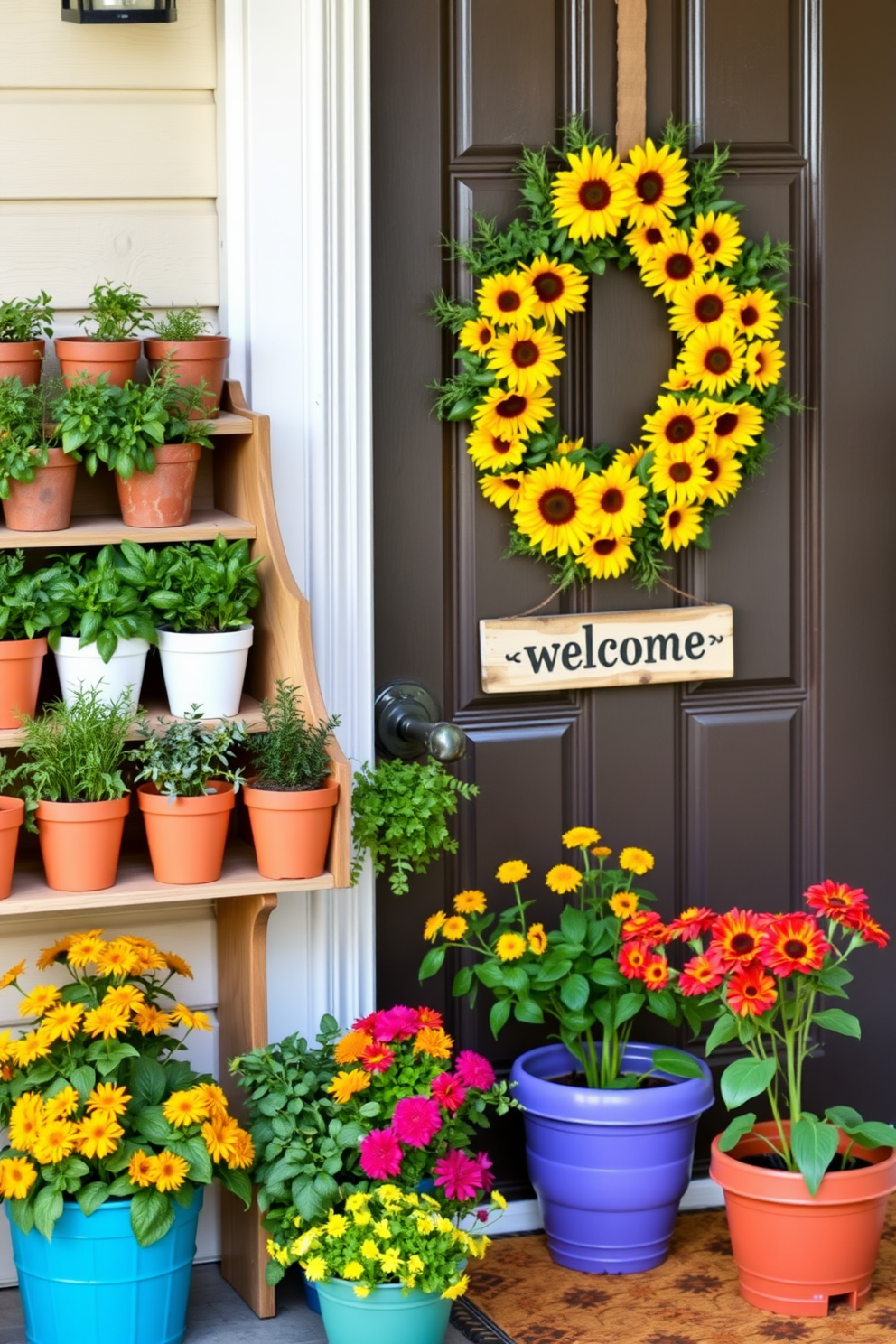 A collection of herb garden pots arranged neatly on a wooden shelf. Each pot is filled with vibrant green herbs like basil, rosemary, and thyme, creating a fresh and inviting scent. Colorful summer decorations adorn the front door, featuring a bright wreath made of sunflowers and a welcome sign. Potted plants in cheerful hues flank the entrance, adding warmth and charm to the home.