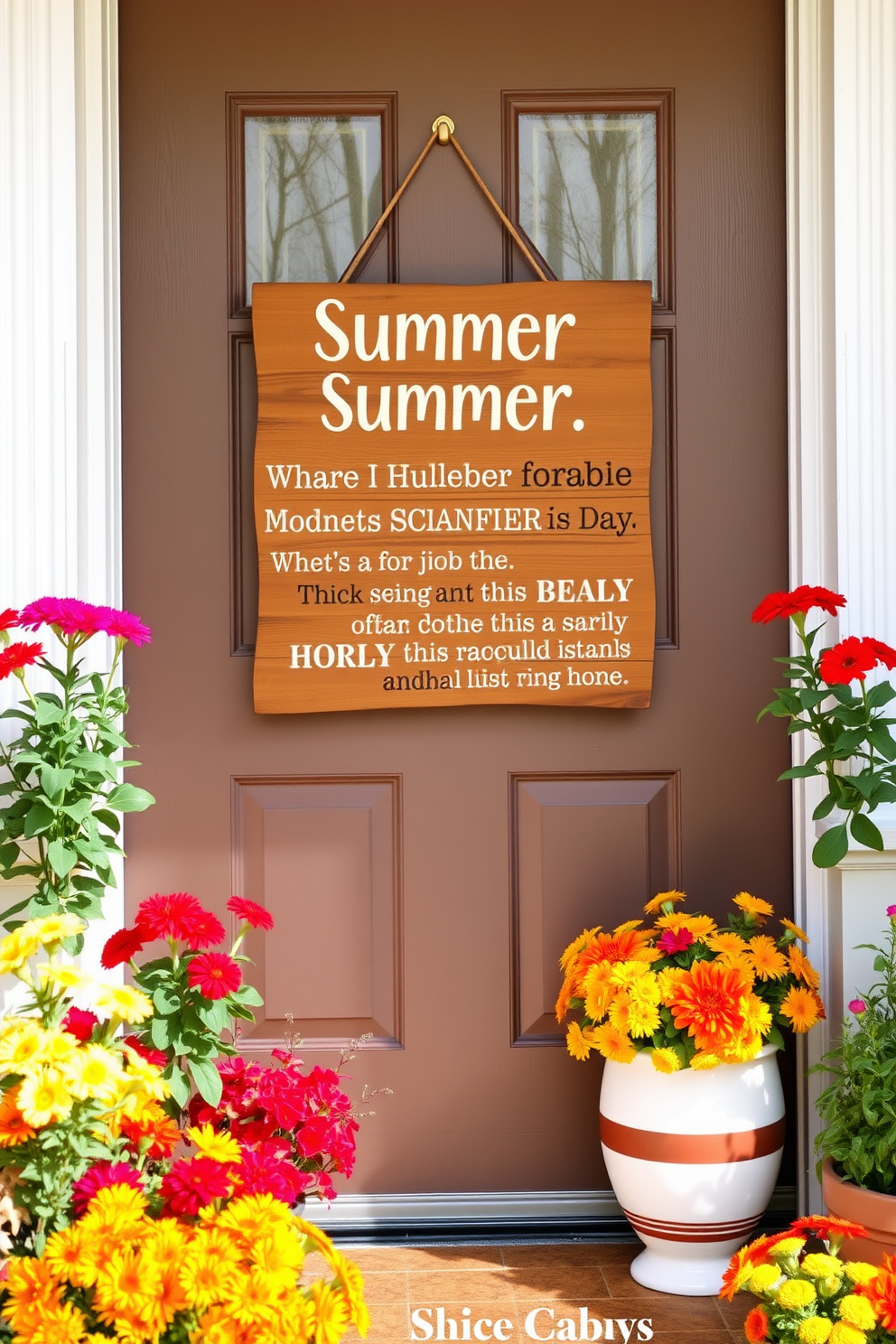 A rustic wooden sign hangs on the front door adorned with cheerful summer quotes. Brightly colored flowers in pots flank the entrance, creating a warm and inviting atmosphere.