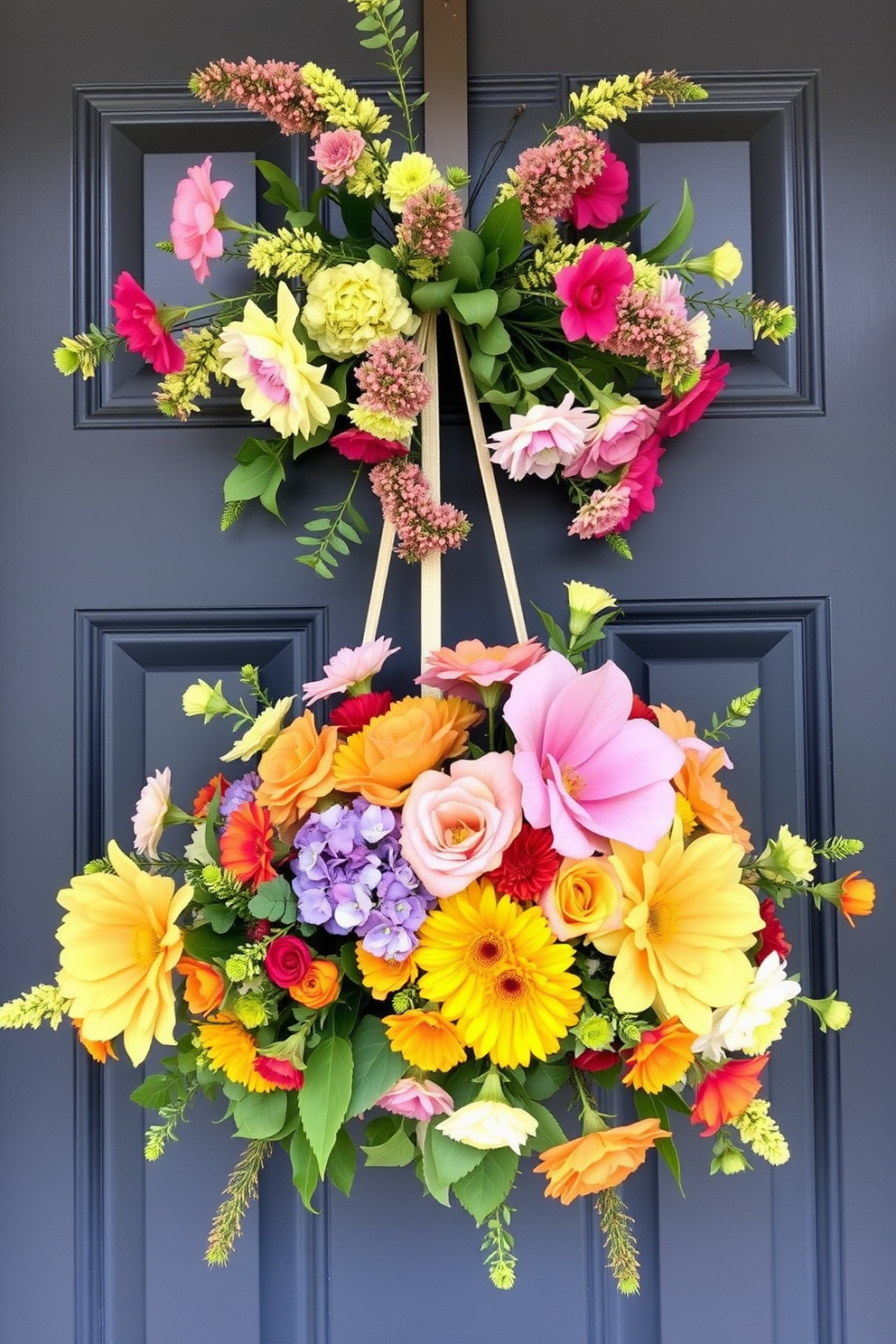 Floral door swag adds a vibrant touch to your entryway. A mix of seasonal blooms in bright hues hangs elegantly over the door, welcoming guests with a fresh and inviting look.