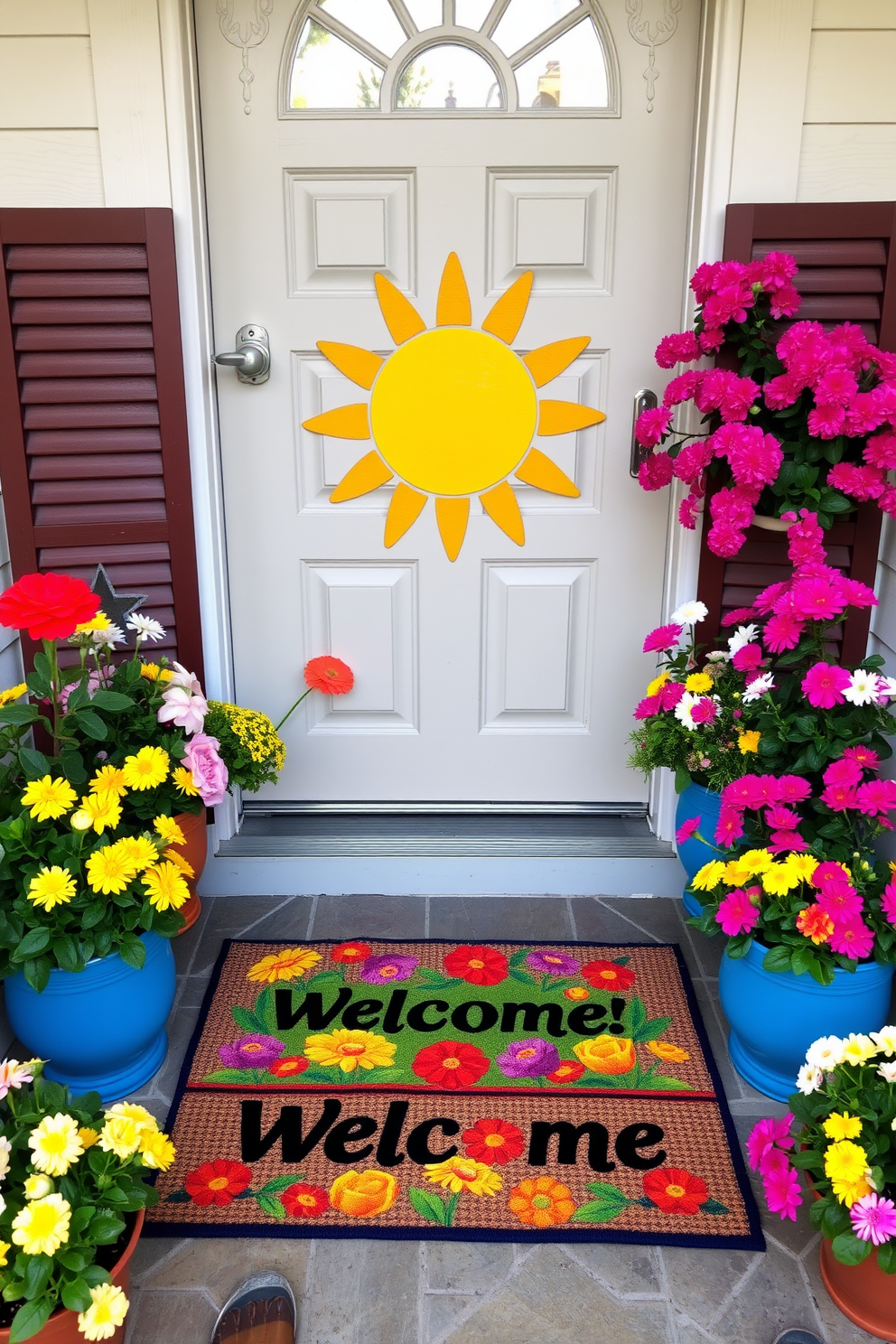 A vibrant welcome mat featuring a bright sun and colorful flowers greets guests at the entrance. Surrounding the door, potted plants with blooming summer flowers add a cheerful touch to the decor.