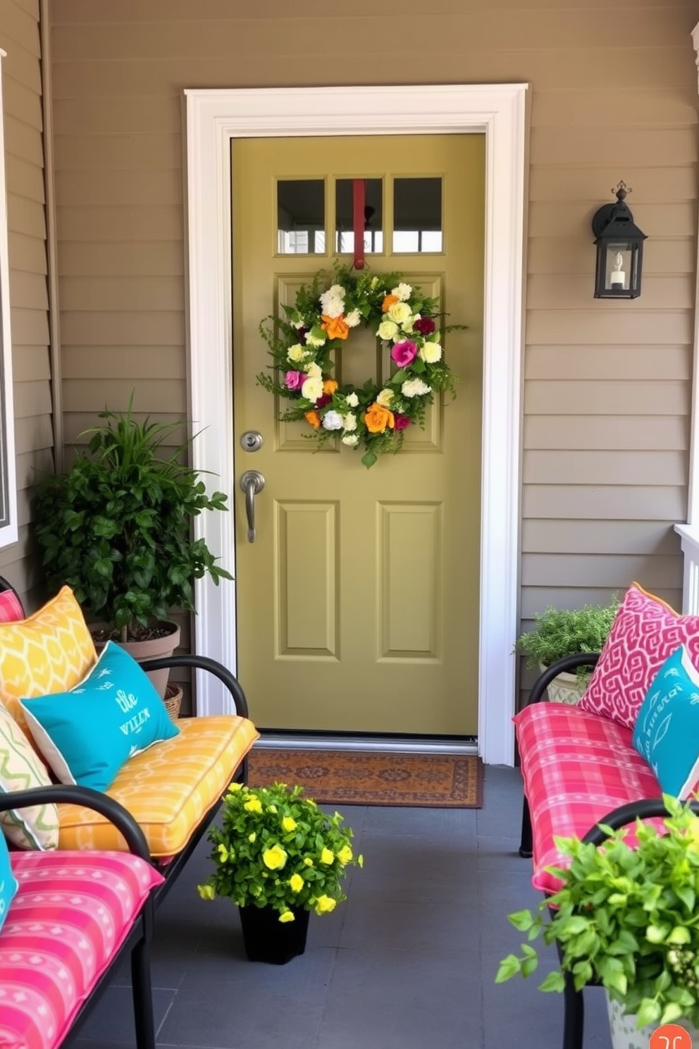 Bright cushions adorn the comfortable porch seating, inviting relaxation and enjoyment of the outdoors. The vibrant colors and patterns of the cushions create a cheerful atmosphere, perfect for summer gatherings. The front door is elegantly decorated with a seasonal wreath made of fresh flowers and greenery. Flanking the door are potted plants that add a touch of nature and warmth to the entryway.