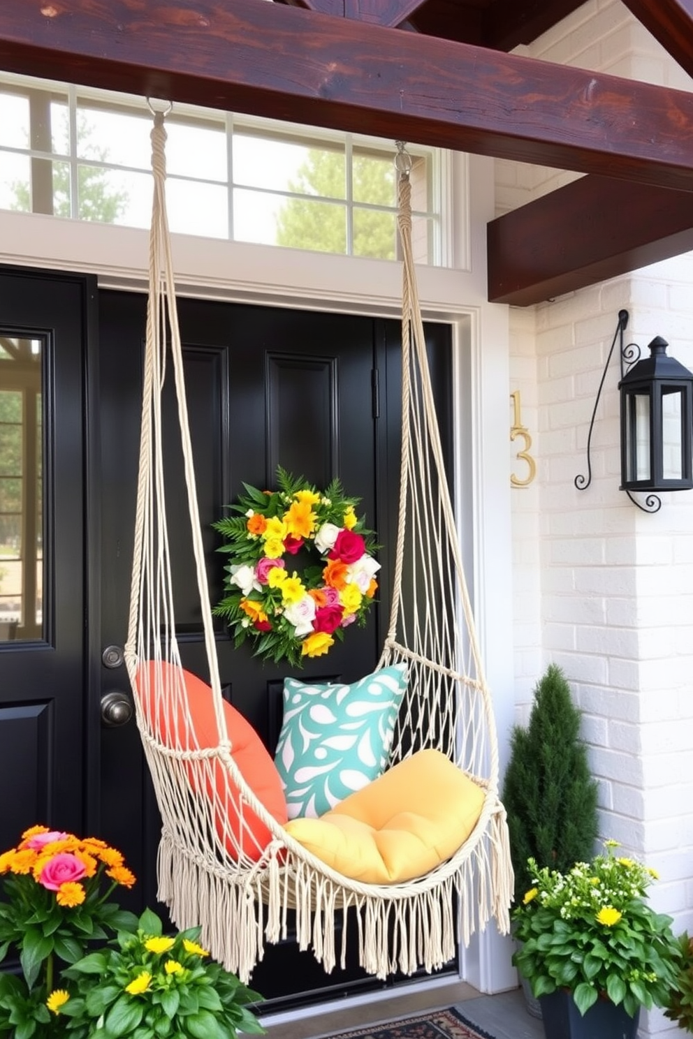 A cozy hammock chair is suspended from a sturdy beam, creating a perfect spot for relaxation. Soft cushions in vibrant colors invite you to unwind and enjoy the gentle sway. The front door is adorned with a cheerful summer wreath made of bright flowers and greenery. Potted plants flank the entrance, adding a refreshing touch of nature to the welcoming space.