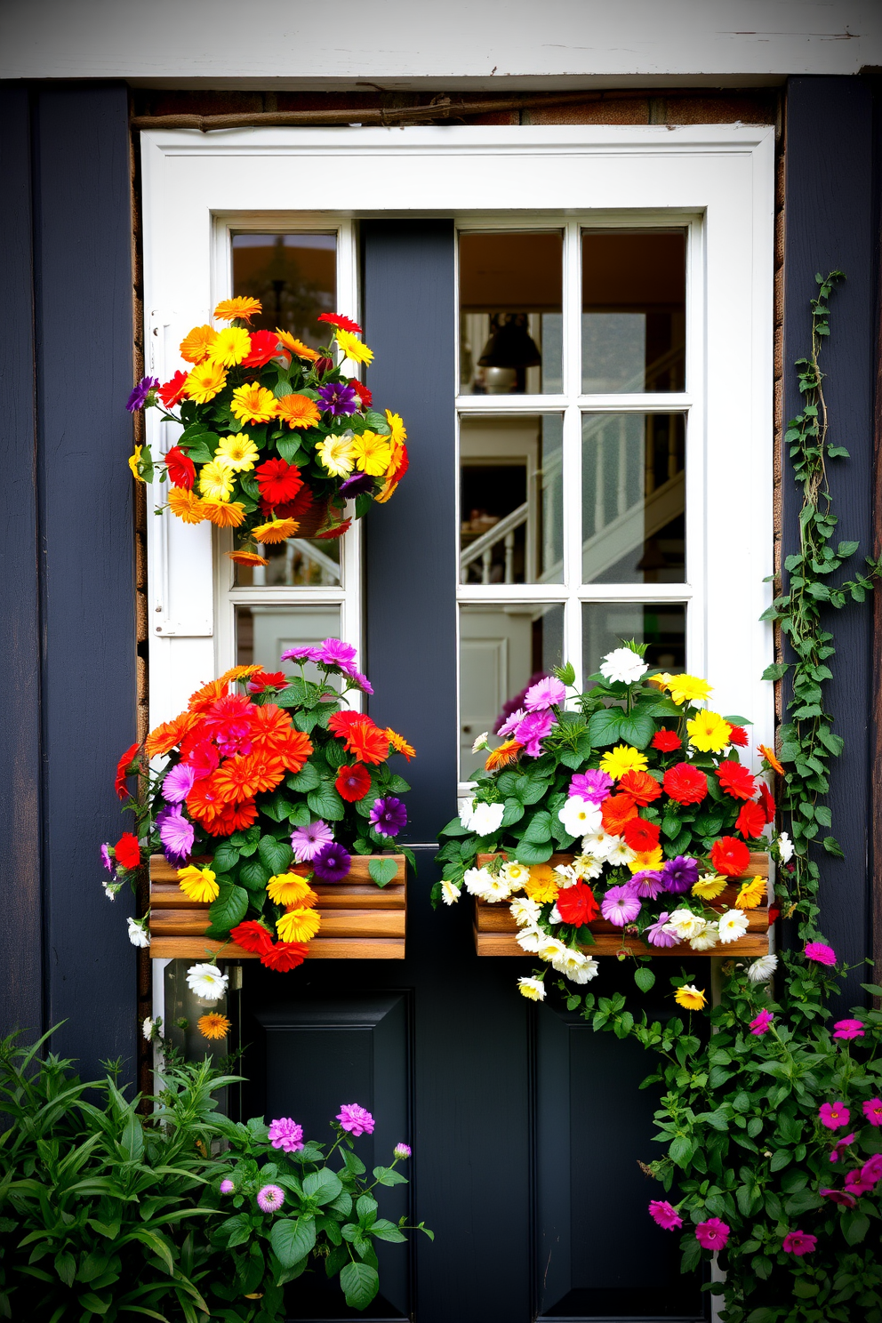 A charming front door adorned with decorative window boxes overflowing with vibrant blooms in various colors. The window boxes are made of rustic wood, contrasting beautifully with the fresh greenery surrounding them.