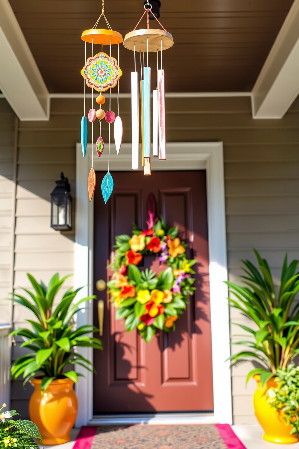 Whimsical wind chimes hang gracefully from the porch ceiling, creating a cheerful melody with each gentle breeze. The chimes are made of colorful glass and painted wood, reflecting sunlight and adding a playful touch to the entrance. For summer front door decorating ideas, a vibrant wreath adorned with tropical flowers and lush greenery welcomes guests. Flanking the door, potted plants in bright ceramic pots enhance the inviting atmosphere, completing the cheerful summer aesthetic.