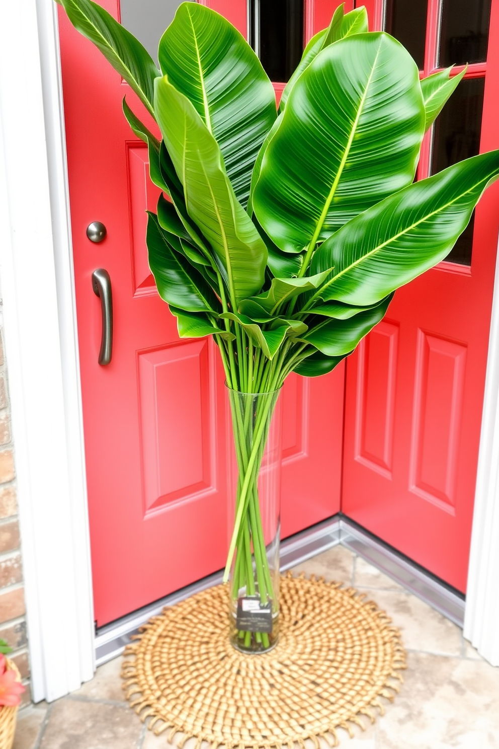 A vibrant front door adorned with a beautiful arrangement of tropical leaves in a sleek vase. The door is painted in a cheerful coral hue, complemented by a woven mat that welcomes guests with a touch of summer charm.