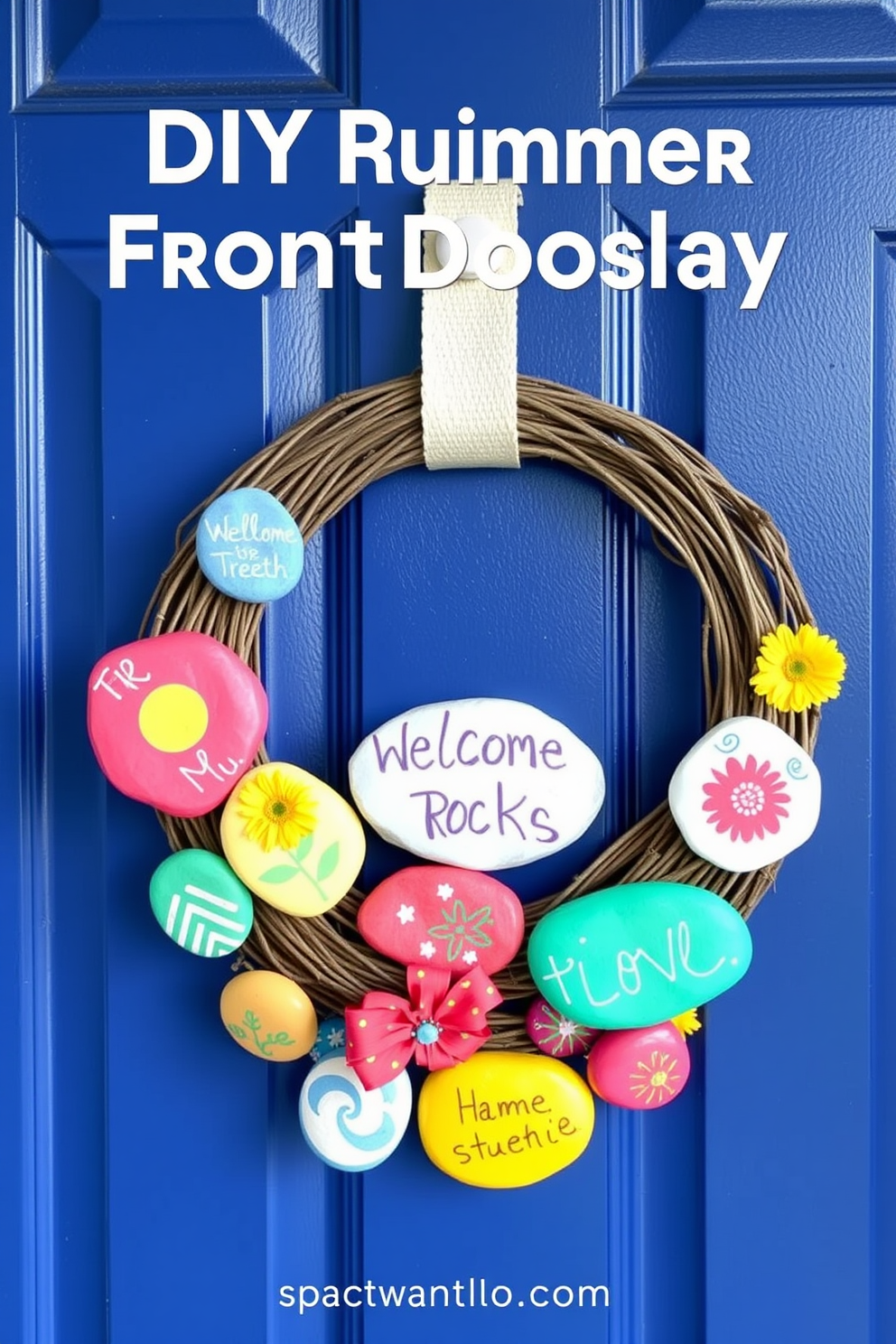 Create a vibrant summer-themed front door display featuring DIY painted rocks. The rocks are adorned with cheerful messages and bright colors, arranged artfully around a welcoming wreath.