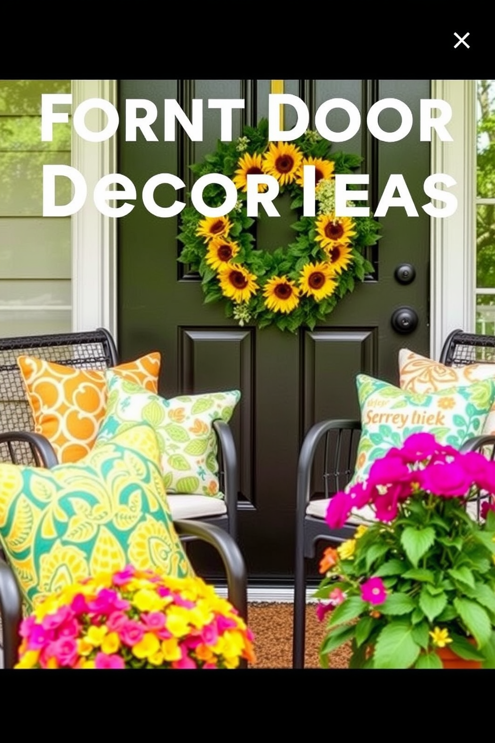 Seasonal throw pillows on outdoor furniture create a vibrant and inviting atmosphere. The pillows feature bright colors and playful patterns that complement the surrounding greenery. For summer front door decorating ideas, a cheerful wreath made of sunflowers and greenery adorns the door. Flanking the entrance, potted plants with colorful blooms add a welcoming touch.