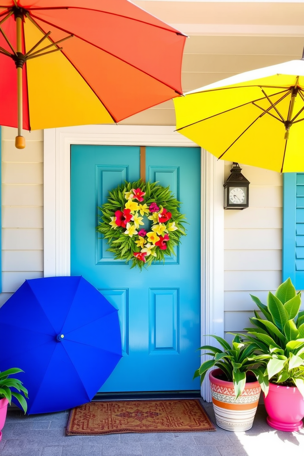 Brightly colored umbrellas provide a vibrant and cheerful atmosphere at the entrance of the home. They are arranged in a way that offers ample shade while enhancing the overall aesthetic of the outdoor space. For summer front door decorating ideas, consider using a bold wreath made of tropical flowers and greenery. Flank the door with potted plants that complement the bright colors of the umbrellas, creating an inviting and cohesive look.