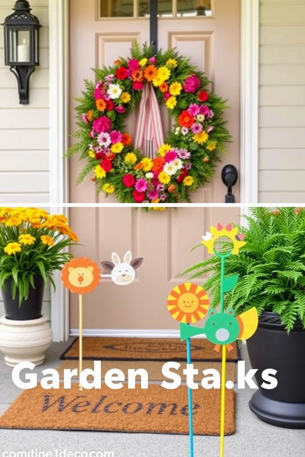 Cute animal garden stakes for fun accents. These whimsical stakes feature colorful designs of various animals, each bringing a playful touch to your garden. Summer front door decorating ideas. A vibrant wreath made of bright flowers and greenery welcomes guests, while a cheerful doormat adds a friendly touch to the entrance.