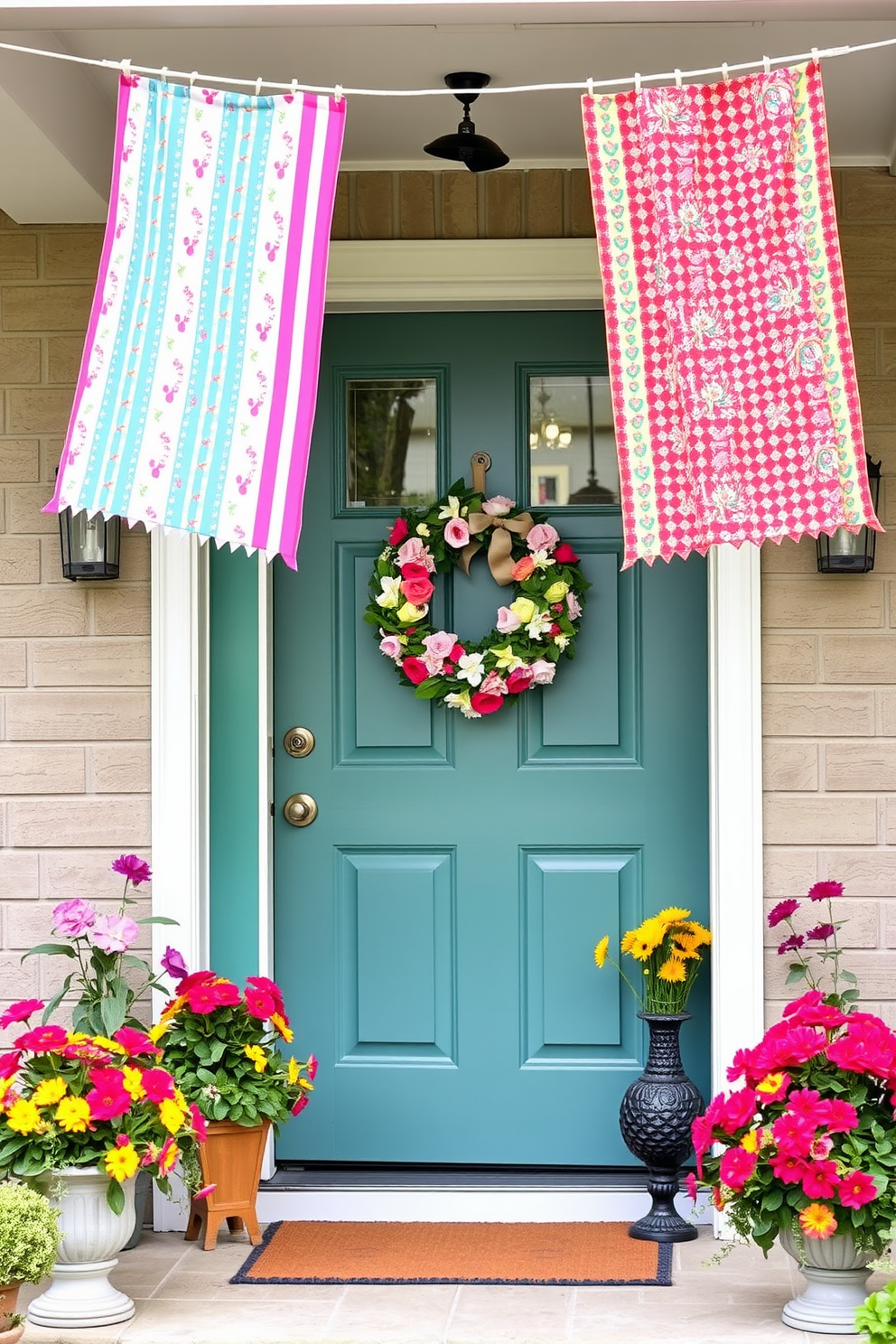 Hanging fabric flags gently sway in the summer breeze, adding a playful and festive touch to the front entrance. Vibrant colors and patterns create a welcoming atmosphere, inviting guests to enjoy the seasonal charm. The front door is adorned with a wreath made of fresh flowers, complementing the fabric flags beautifully. Potted plants with bright blooms flank the doorway, enhancing the cheerful and inviting ambiance of the home.