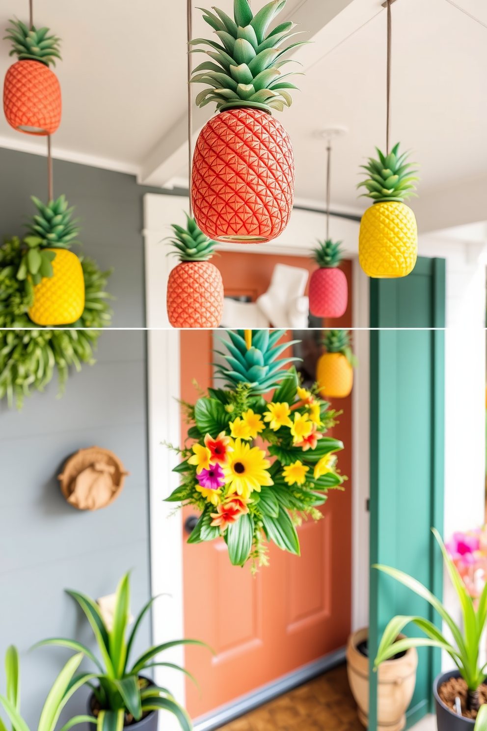 Hanging pineapple decor creates a vibrant tropical vibe that instantly brightens up any space. Incorporate colorful pineapples in various sizes, suspended from the ceiling or walls, to enhance the cheerful atmosphere. For summer front door decorating ideas, consider a bright wreath made of tropical flowers and greenery. Pair it with a welcoming doormat and potted plants to create an inviting entrance that reflects the season's spirit.