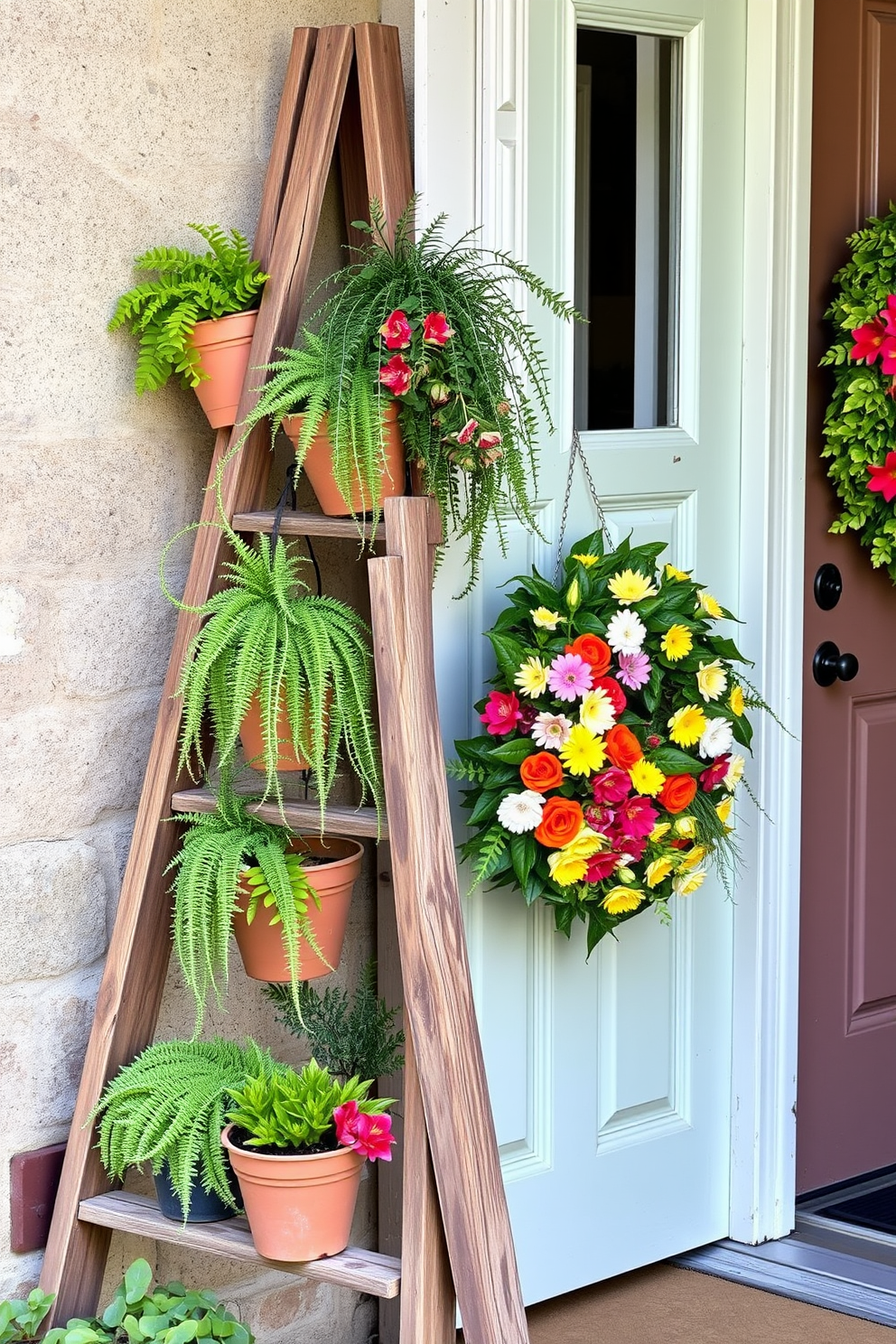 A rustic wooden ladder leans against a weathered wall, adorned with various potted plants cascading down each step. The plants include vibrant green ferns and colorful succulents, creating a lively and inviting atmosphere. A charming summer wreath made of fresh flowers hangs on the front door, welcoming guests with its bright and cheerful colors. The door is painted a soft pastel shade, complementing the seasonal decor and enhancing the overall curb appeal.