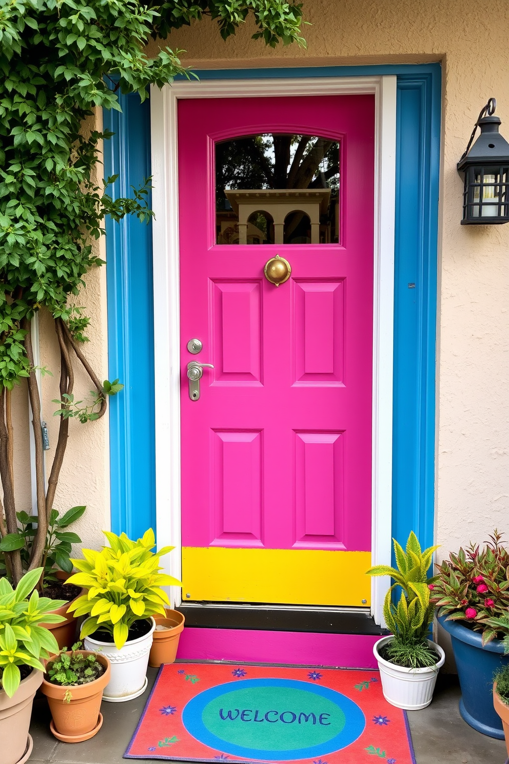 A brightly painted door in cheerful colors welcomes guests with a vibrant burst of personality. Surrounding the door, potted plants in various sizes add a touch of greenery, while a colorful welcome mat invites visitors to step inside.