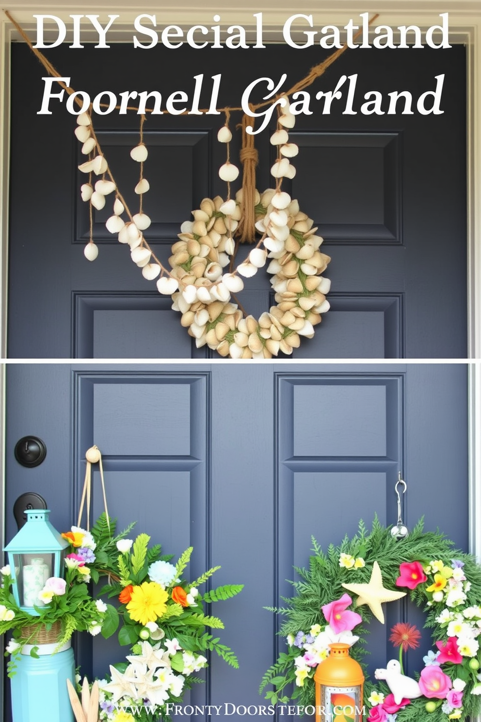 A DIY seashell garland drapes elegantly across the front door, showcasing an array of natural seashells in various sizes and colors. The garland is complemented by strands of twine, adding a rustic touch that enhances the coastal charm. For summer front door decorating, vibrant wreaths made of faux flowers and greenery create a welcoming atmosphere. Accents like colorful lanterns and beach-themed decor pieces complete the look, inviting guests to enjoy the season.