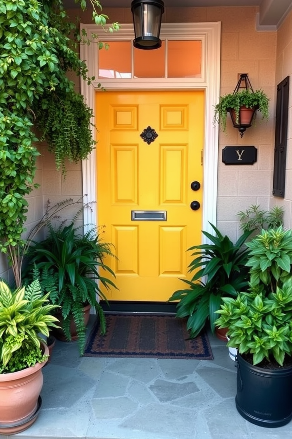 A charming entrance adorned with potted plants on either side of a vibrant front door. The plants are lush and varied, adding a touch of greenery and warmth to the welcoming space.