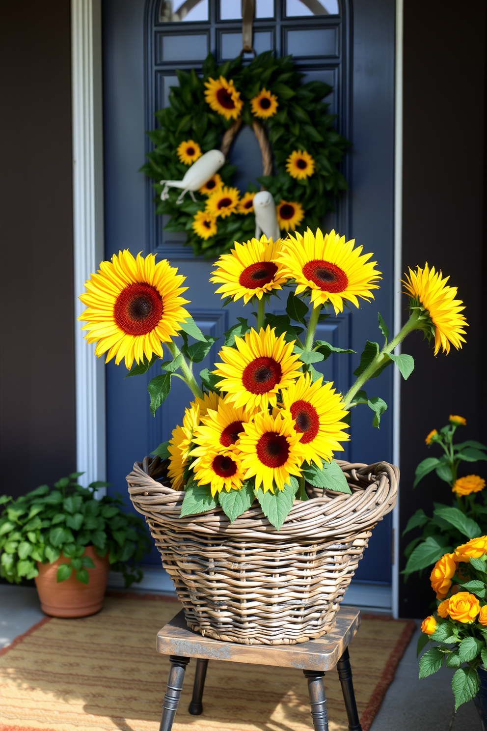 A vibrant sunflower arrangement is placed in a beautifully woven decorative basket. The basket is positioned on a rustic wooden table near the entrance, welcoming guests with its cheerful colors. The front door is adorned with a charming summer wreath made of fresh greenery and bright sunflowers. Flanking the door are potted plants that enhance the lively and inviting atmosphere of the entryway.