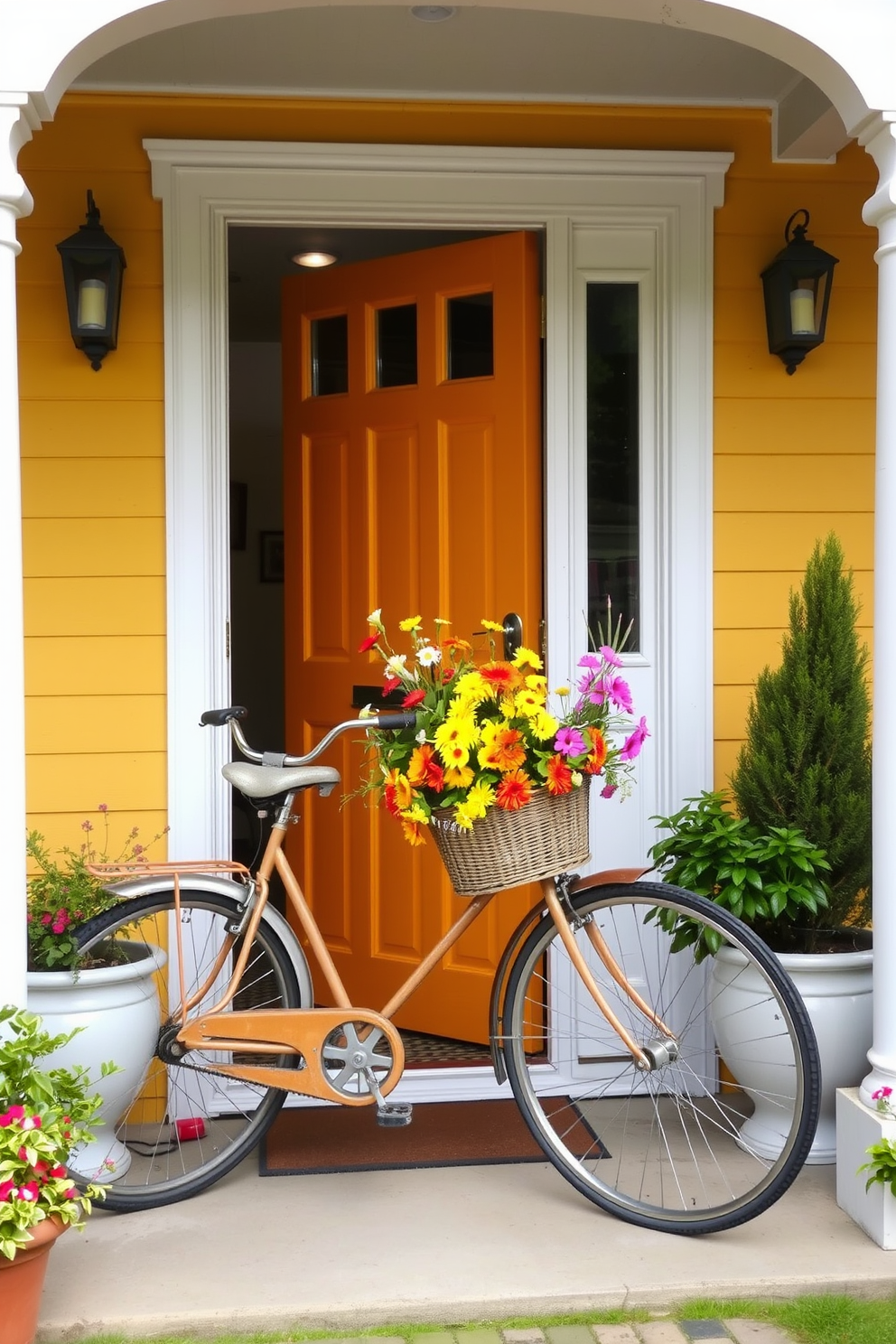 A charming front door setting featuring a vintage bicycle resting against the door frame. The bicycle's basket is overflowing with vibrant summer flowers, adding a cheerful touch to the entrance. The front door is painted a bright, inviting color, complementing the floral arrangement. Potted plants flank the door, enhancing the welcoming atmosphere of the home.