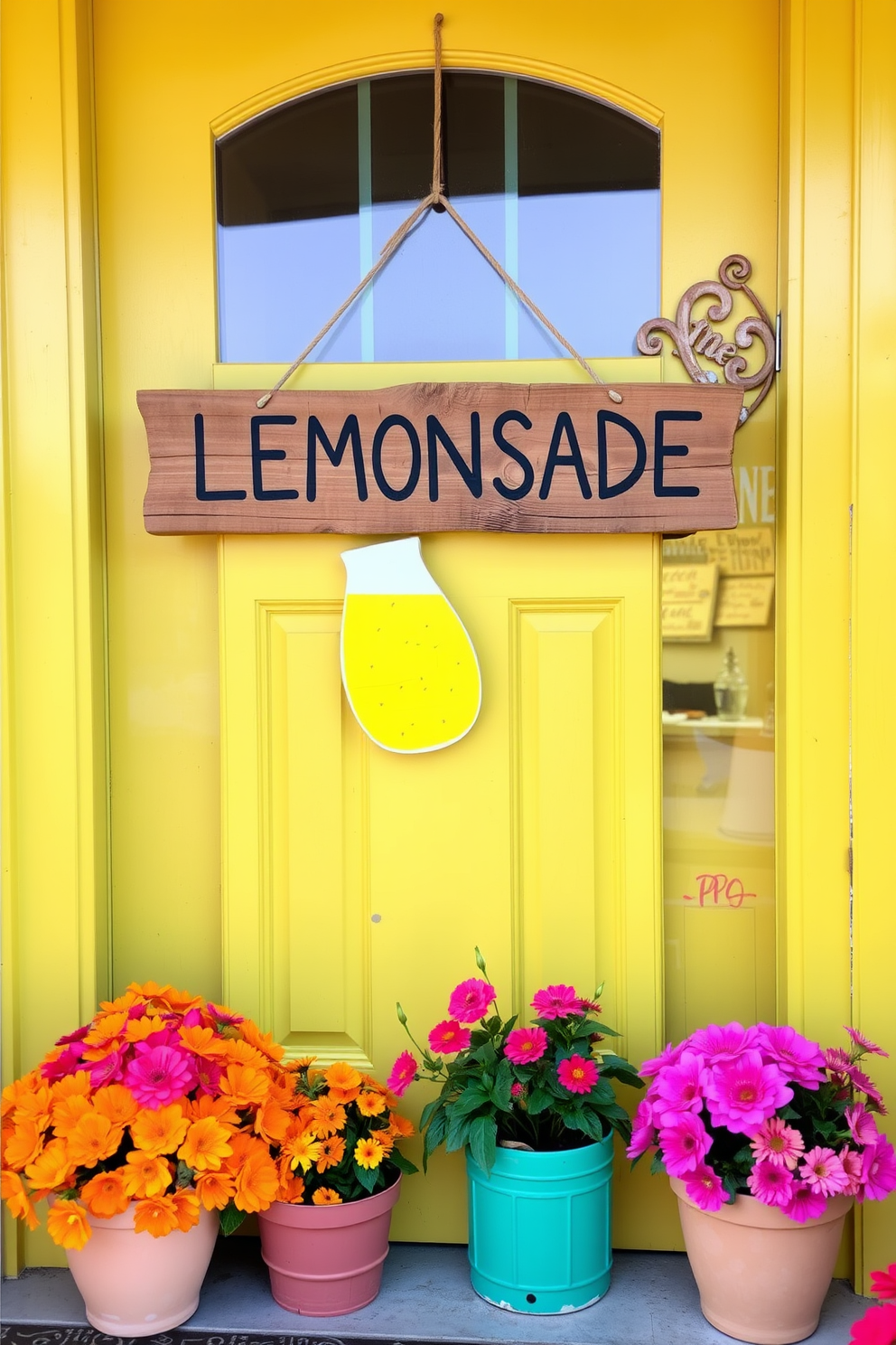 A lemonade stand sign made of rustic wood hangs cheerfully on a bright yellow front door. Surrounding the door are vibrant potted flowers in shades of pink and orange, adding a playful summer vibe.