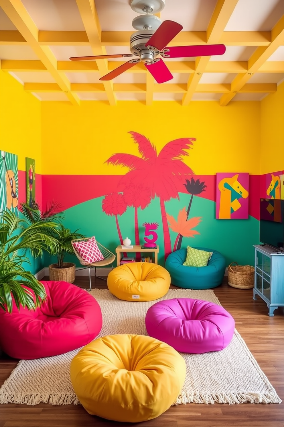 Bright tropical colors adorn the walls, creating a vibrant and inviting atmosphere. The room features playful decor with elements like oversized bean bags and colorful wall art that reflect a fun summer vibe.