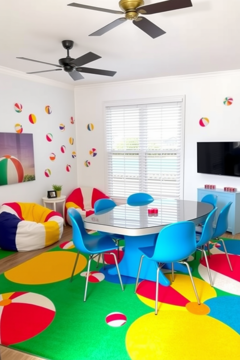 A vibrant summer game room filled with playful beach ball motifs. The walls are adorned with colorful beach ball decals, and a large area rug features a fun beach ball pattern. In one corner, a cozy seating area with bright bean bags invites relaxation. A game table with a glossy finish is surrounded by chairs that echo the beach ball colors, creating a lively atmosphere.