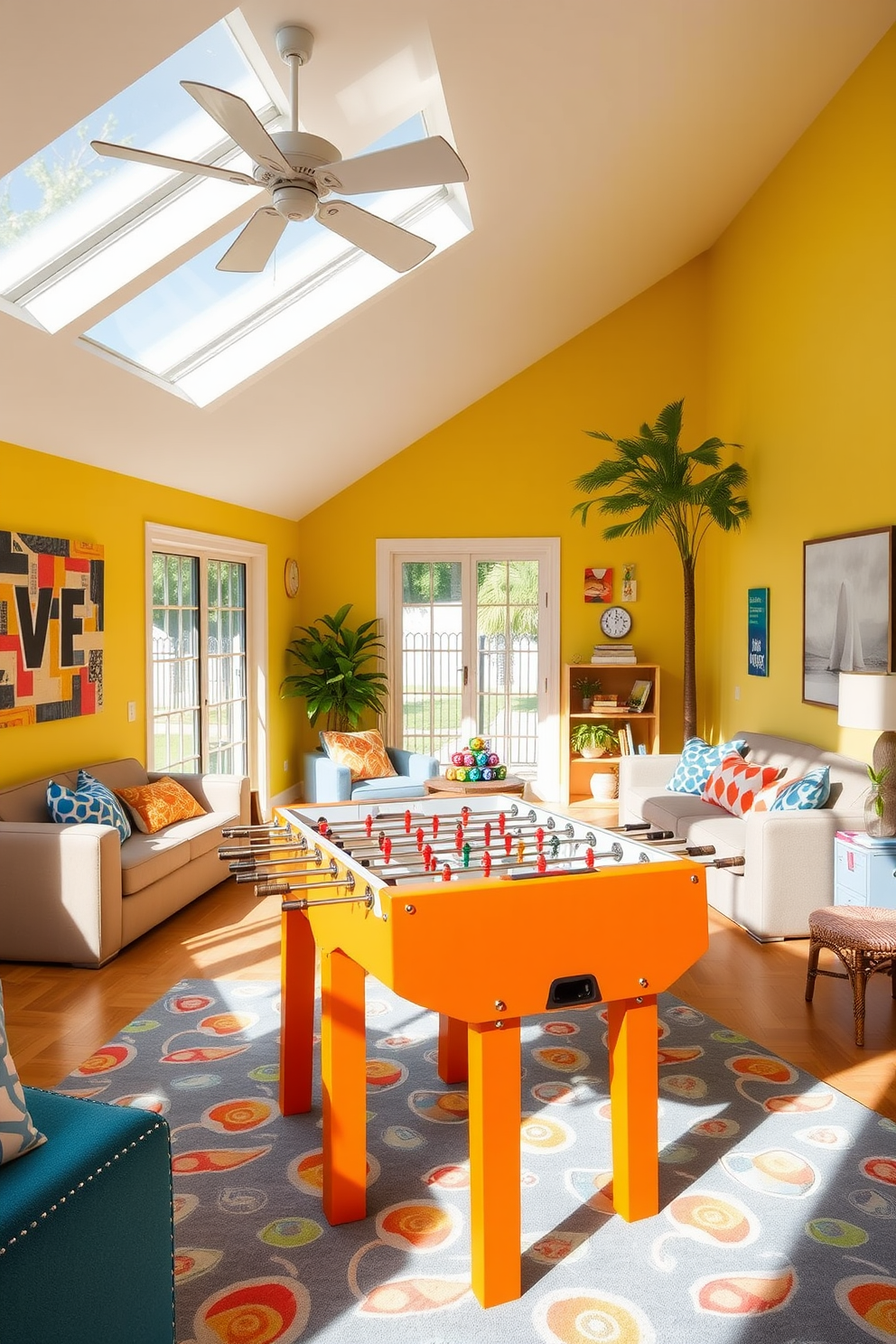 A vibrant summer game room filled with natural light. The centerpiece is a sleek foosball table in bright colors, surrounded by comfortable seating and playful decor. The walls are painted in a cheerful yellow, enhancing the fun atmosphere. A large window offers a view of the outdoors, while a rug with a playful pattern anchors the space.