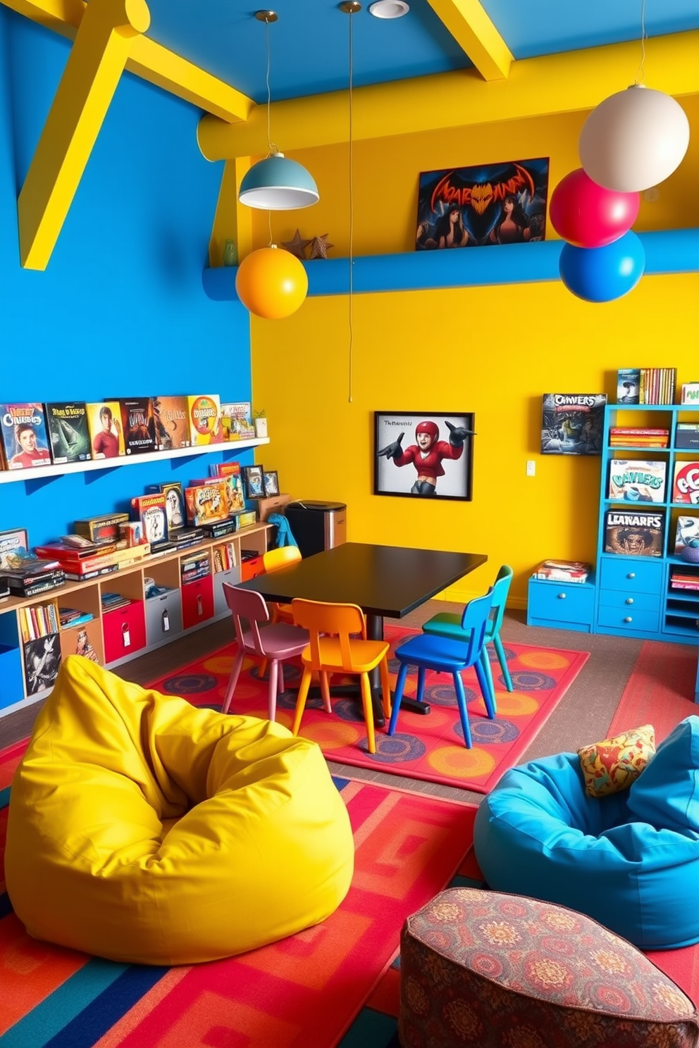 A vibrant game room filled with colorful board games and playful decor. The walls are painted in bright shades of blue and yellow, and a large table is set in the center, surrounded by comfortable chairs in various colors. The shelves are lined with an array of board games, showcasing eye-catching box art. A cozy seating area with bean bags and a colorful rug invites friends and family to gather and enjoy game night.