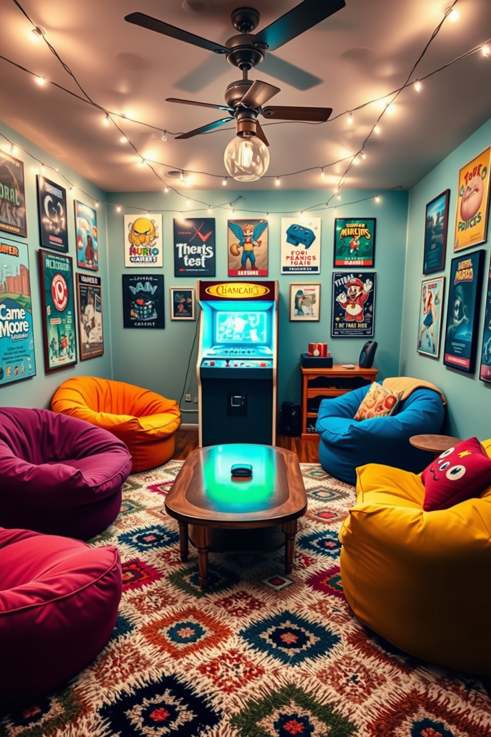 A vibrant game room filled with retro charm. The focal point is a classic arcade machine, surrounded by colorful bean bags and a vintage coffee table. The walls are adorned with posters of iconic video games, and string lights create a warm ambiance. A plush area rug in bold patterns anchors the space, inviting friends to gather and enjoy nostalgic gaming sessions.