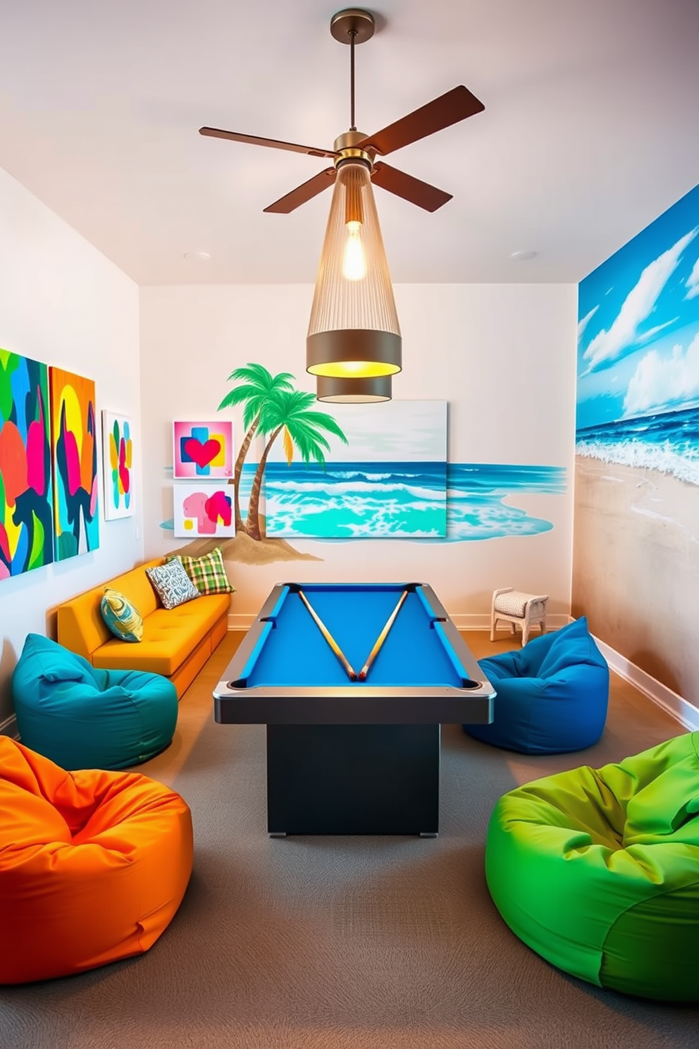 A lively summer game room filled with vibrant artwork that energizes the space. The walls are adorned with colorful abstract paintings, and a large mural depicting a beach scene adds a playful touch. The room features a comfortable sectional sofa in bright hues, surrounded by playful bean bags for seating. A sleek pool table sits in the center, complemented by a striking pendant light that casts a warm glow.