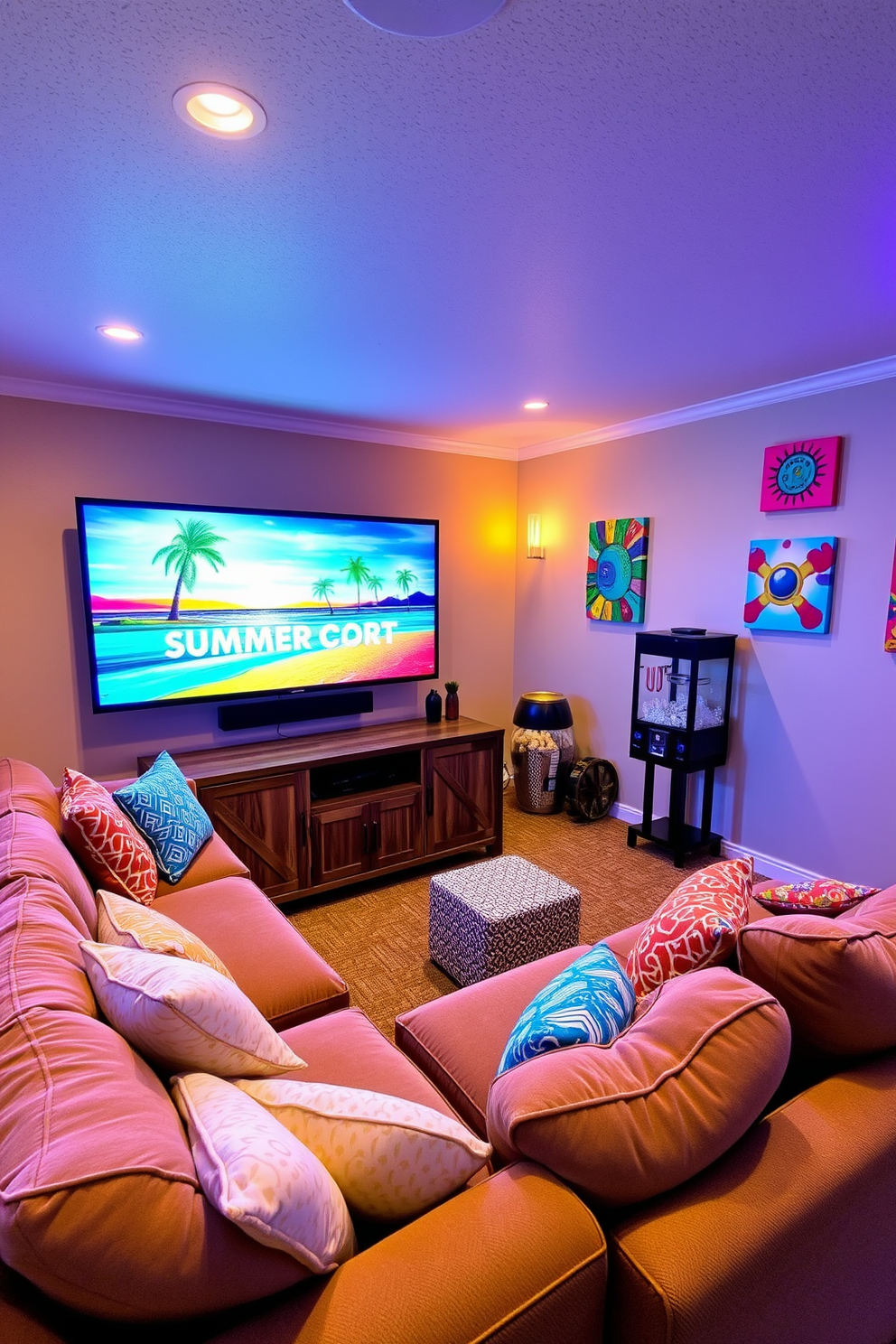 A cozy movie corner features a plush sectional sofa adorned with soft throw pillows, inviting relaxation. A large flat-screen TV is mounted above a rustic wooden media console, with warm ambient lighting creating a welcoming atmosphere. The room is decorated with vibrant summer-themed accents, including colorful wall art and playful cushions. A small popcorn machine sits in the corner, adding a fun touch to the game room experience.